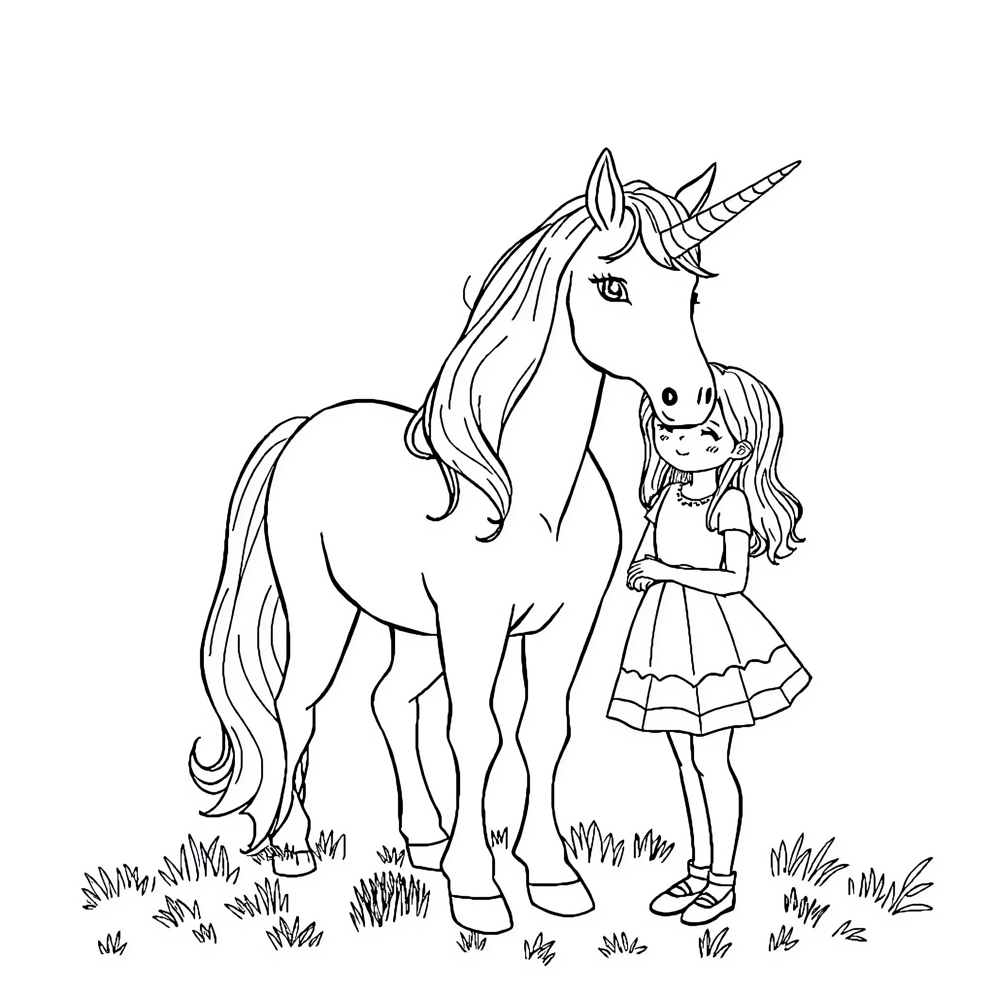 Unicorn and girl standing together in field Coloring Page (free black-and-white line drawing printable PDF for all, from beginners to advanced learners, including children, teens, adults, and seniors)