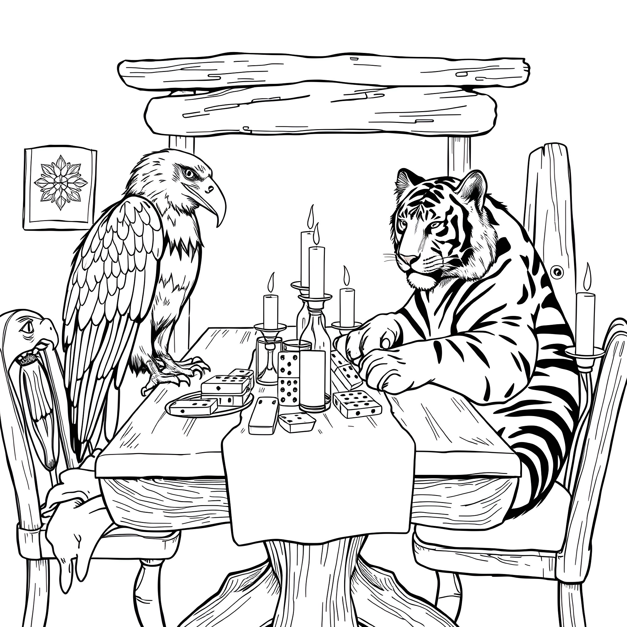 Eagle and Tiger Dining Together Peacefully Coloring Page (free black-and-white line drawing printable PDF for all, from beginners to advanced learners, including children, teens, adults, and seniors)