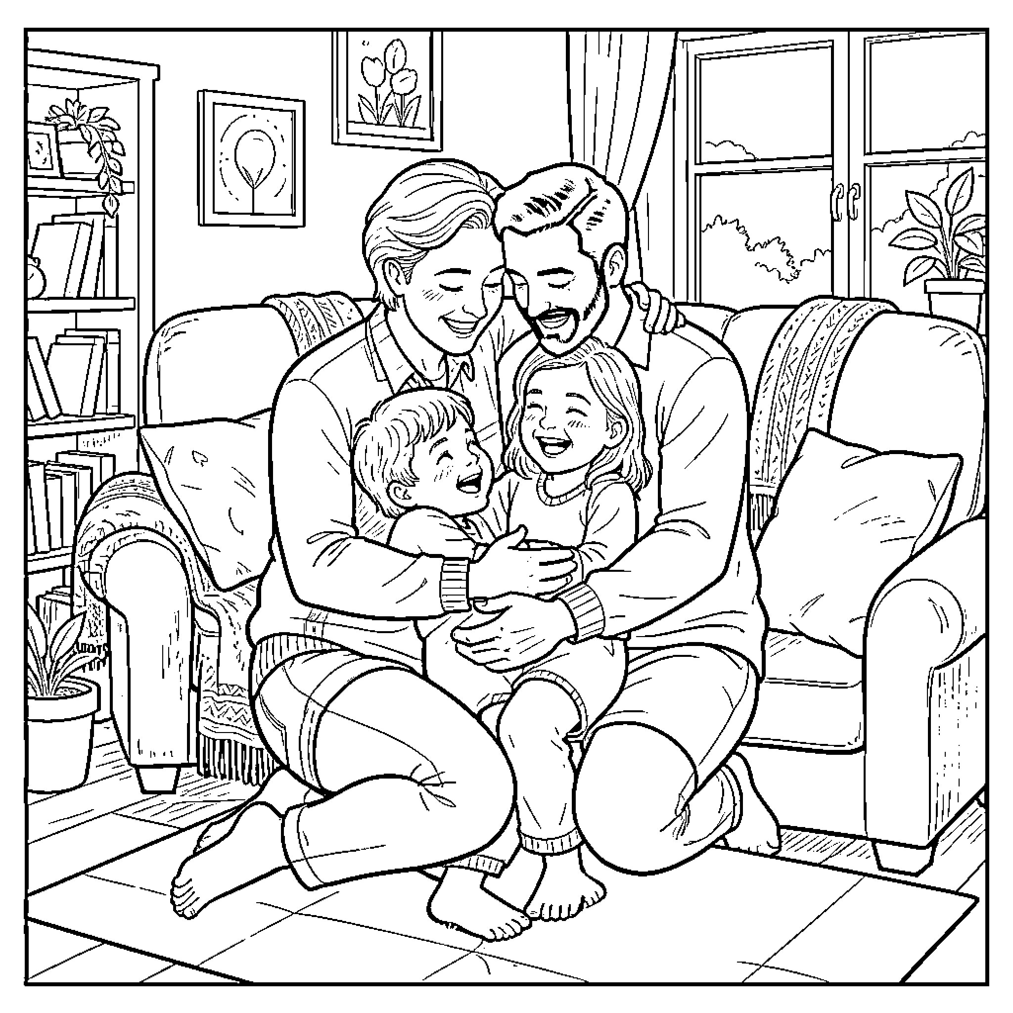 Family Enjoying Cozy Time Together at Home Coloring Page (free black-and-white line drawing printable PDF for all, from beginners to advanced learners, including children, teens, adults, and seniors)