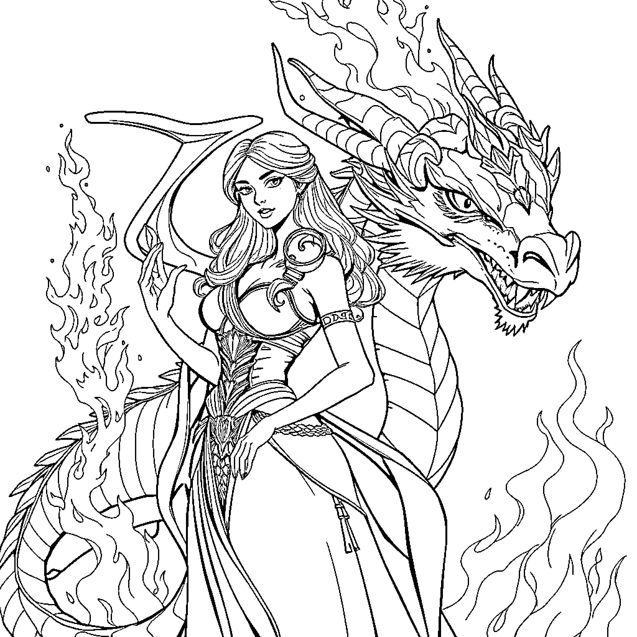 Dragon Warrior Maiden Standing with Fiery Dragon Coloring Page (free black-and-white line drawing printable PDF for all, from beginners to advanced learners, including children, teens, adults, and seniors)