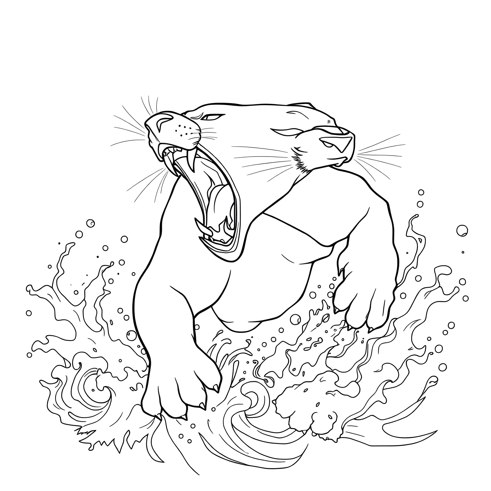 Mishipeshu leaping through the foaming waters Coloring Page (free black-and-white line drawing printable PDF for all, from beginners to advanced learners, including children, teens, adults, and seniors)