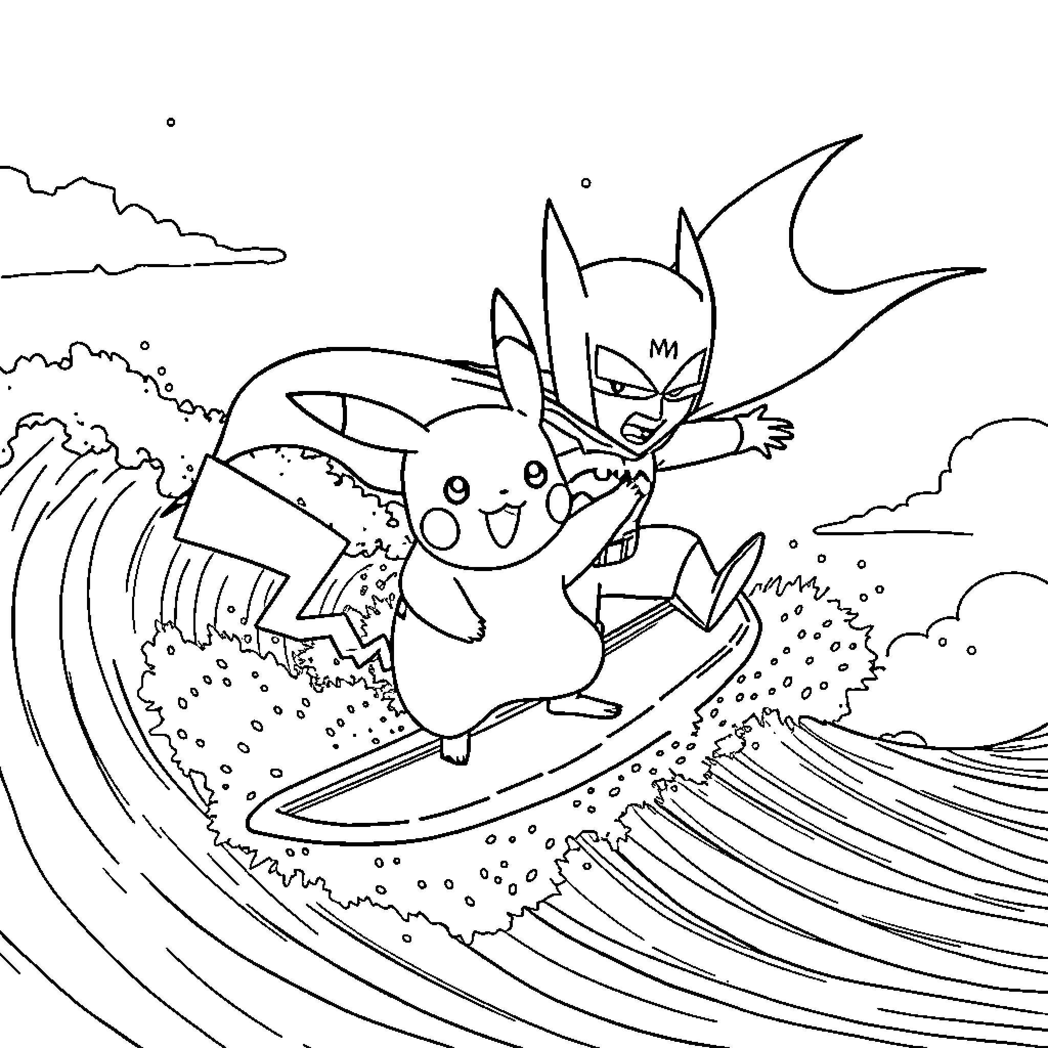 Pikachu surfing with Batman sidekick in a fantasy scene Coloring Page (free black-and-white line drawing printable PDF for all, from beginners to advanced learners, including children, teens, adults, and seniors)