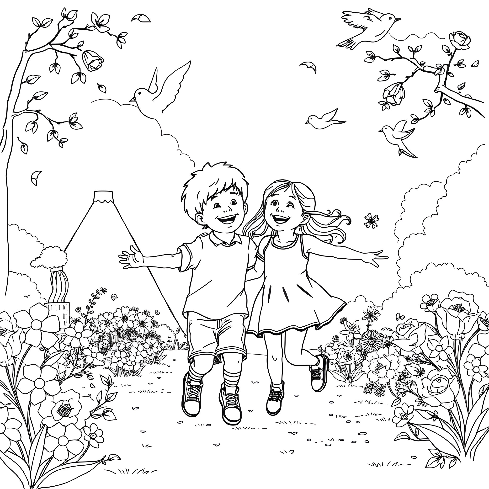 Twin kids playing happily in a flowery garden Coloring Page (free black-and-white line drawing printable PDF for all, from beginners to advanced learners, including children, teens, adults, and seniors)