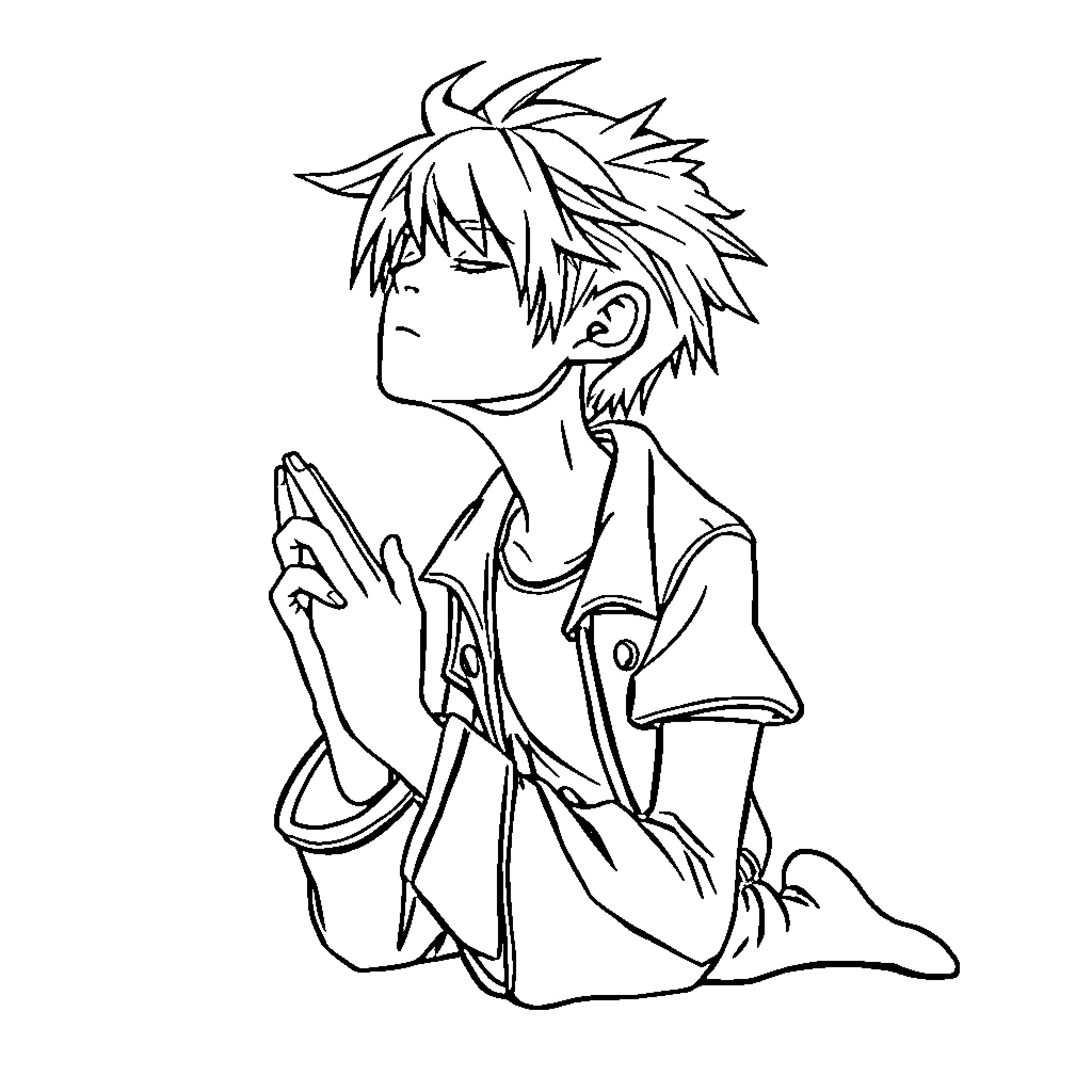 Punk Boy Sitting with Contemplative Expression Coloring Page (free black-and-white line drawing printable PDF for all, from beginners to advanced learners, including children, teens, adults, and seniors)