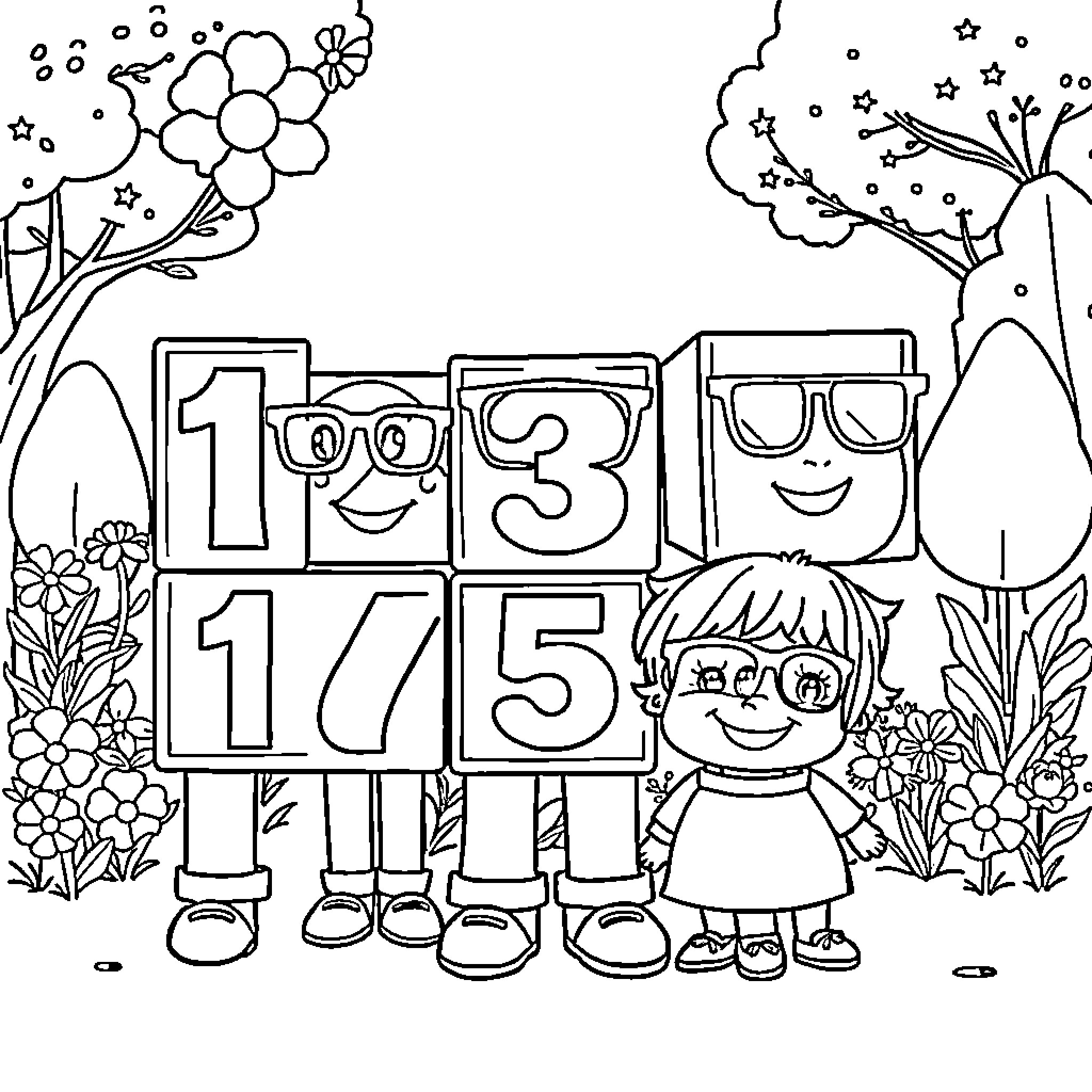 Numberblock characters in a nature scene Coloring Page (free black-and-white line drawing printable PDF for all, from beginners to advanced learners, including children, teens, adults, and seniors)