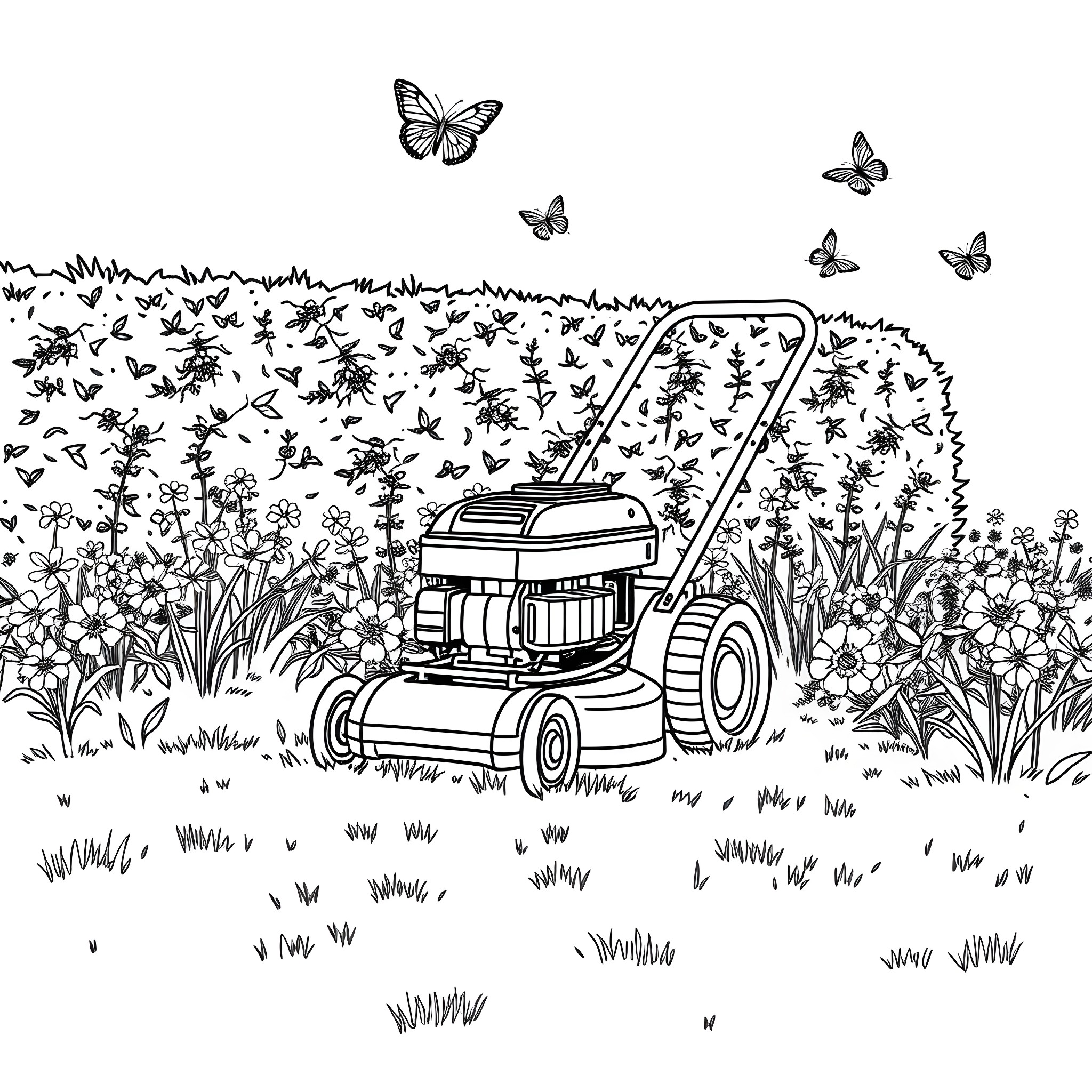 Lawnmower trimming flowers and butterflies in the garden Coloring Page (free black-and-white line drawing printable PDF for all, from beginners to advanced learners, including children, teens, adults, and seniors)