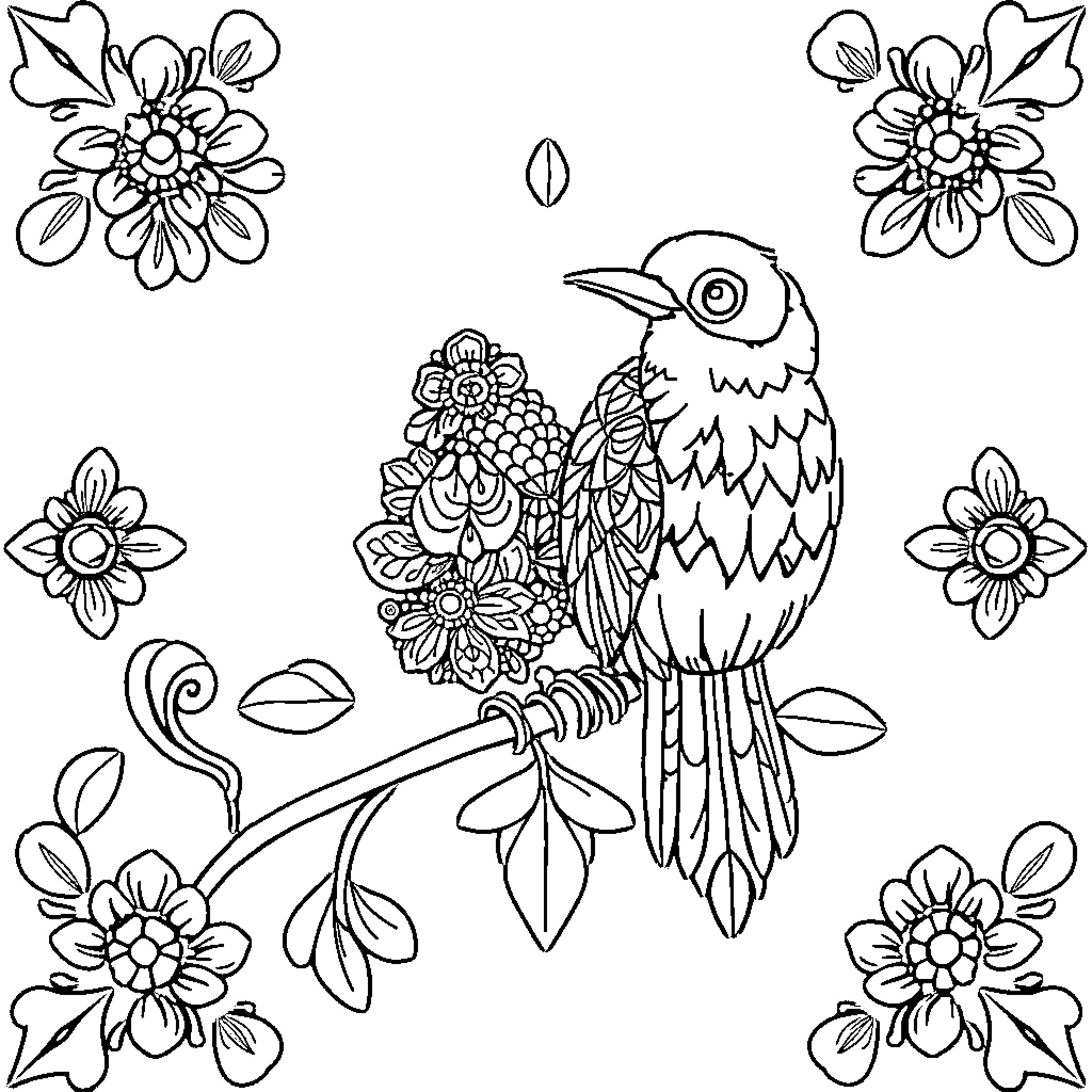 Hummingbird perched among decorative floral patterns Coloring Page (free black-and-white line drawing printable PDF for all, from beginners to advanced learners, including children, teens, adults, and seniors)