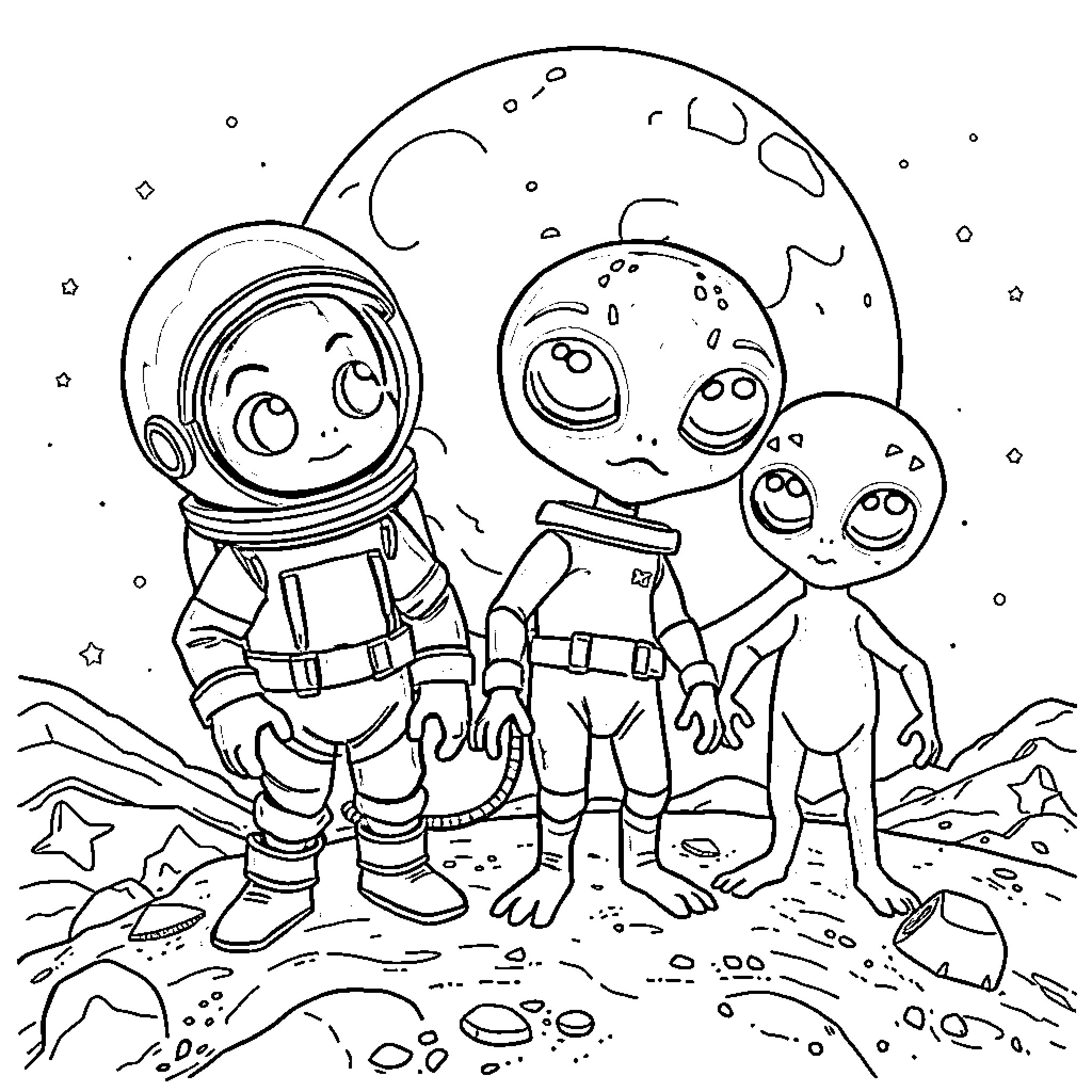 Bluey's Cosmic Adventure with Alien Friends Coloring Page (free black-and-white line drawing printable PDF for all, from beginners to advanced learners, including children, teens, adults, and seniors)