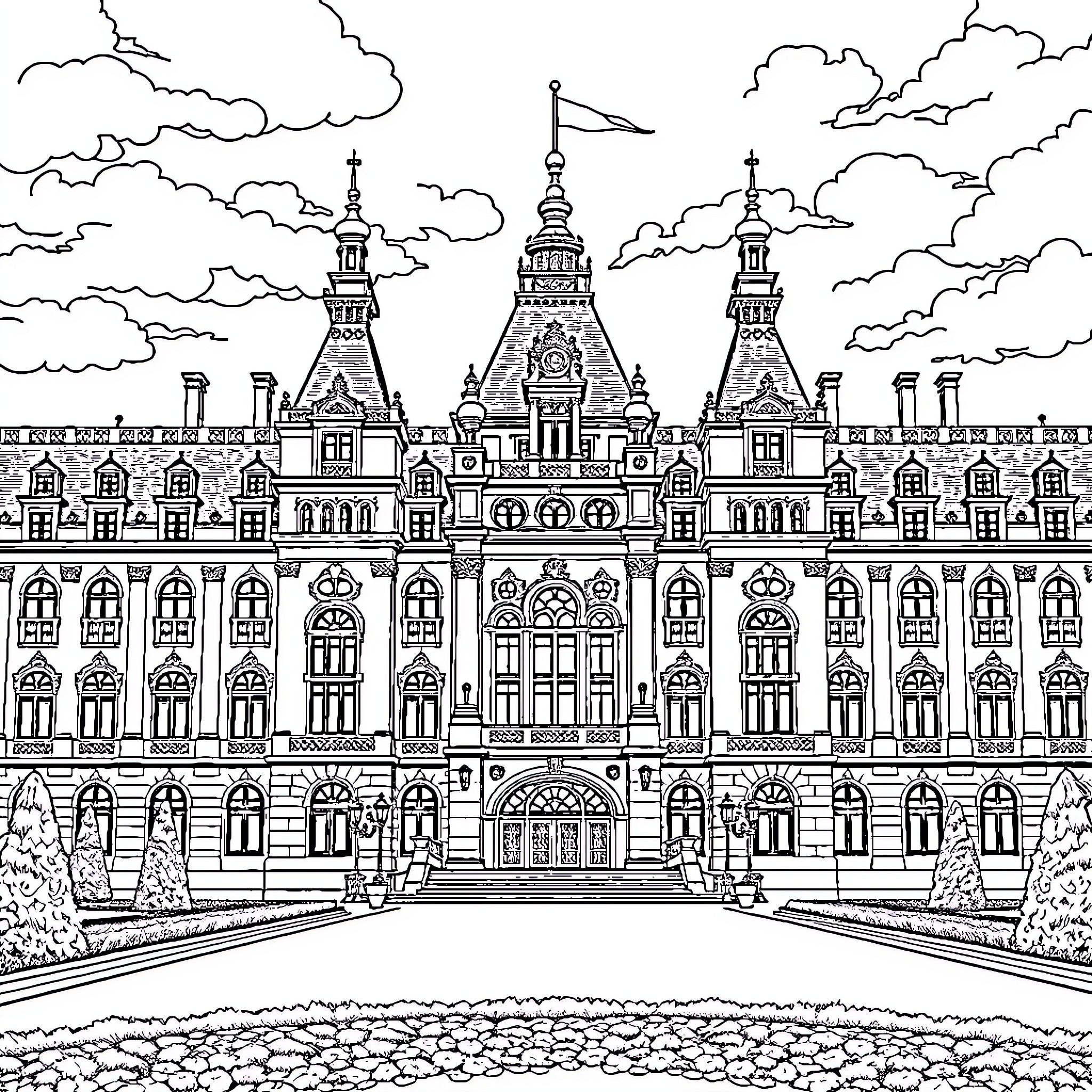 Castle with Ornate Architecture and Detailed Facades Coloring Page (free black-and-white line drawing printable PDF for all, from beginners to advanced learners, including children, teens, adults, and seniors)
