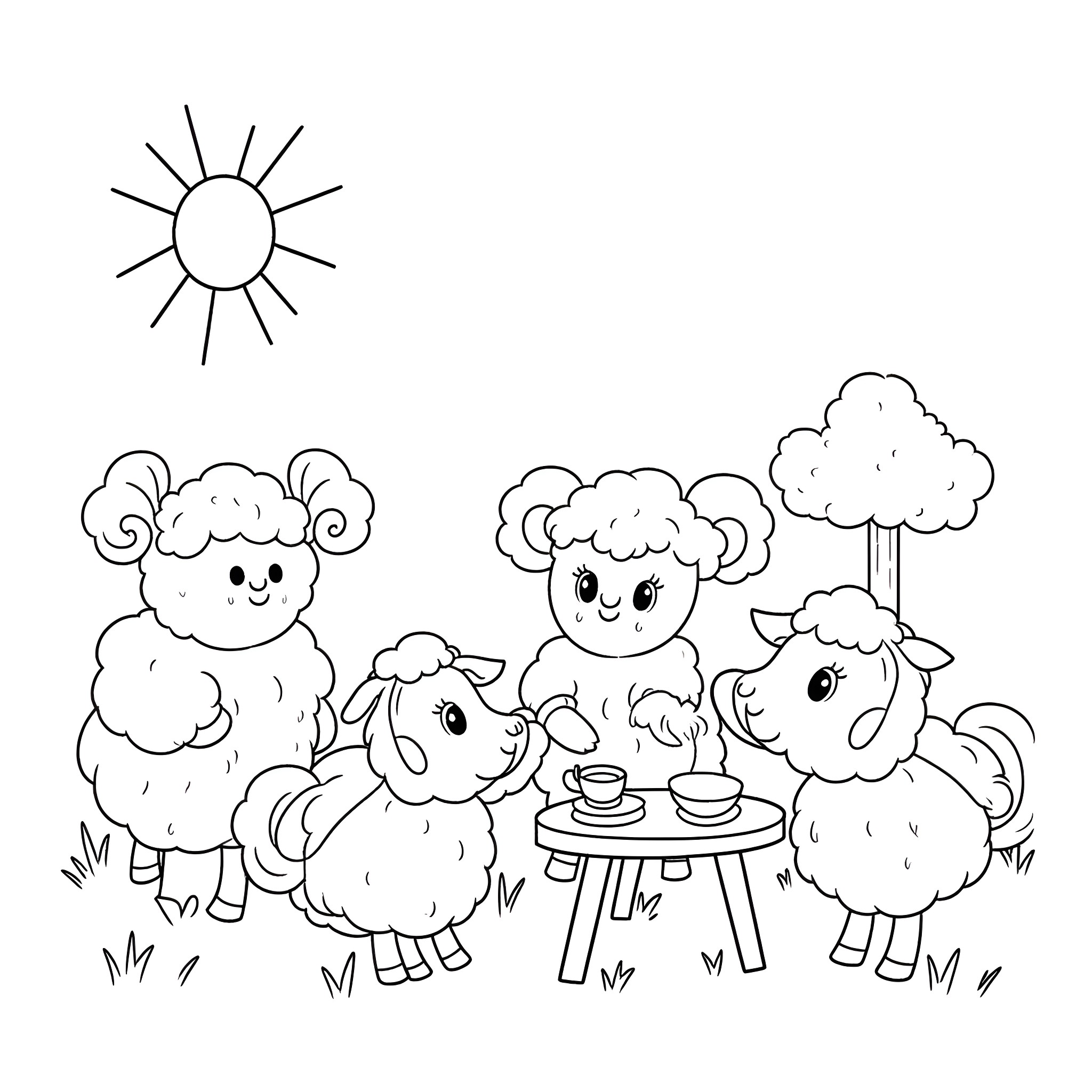 Sheep playing and having tea party in the park Coloring Page (free black-and-white line drawing printable PDF for all, from beginners to advanced learners, including children, teens, adults, and seniors)