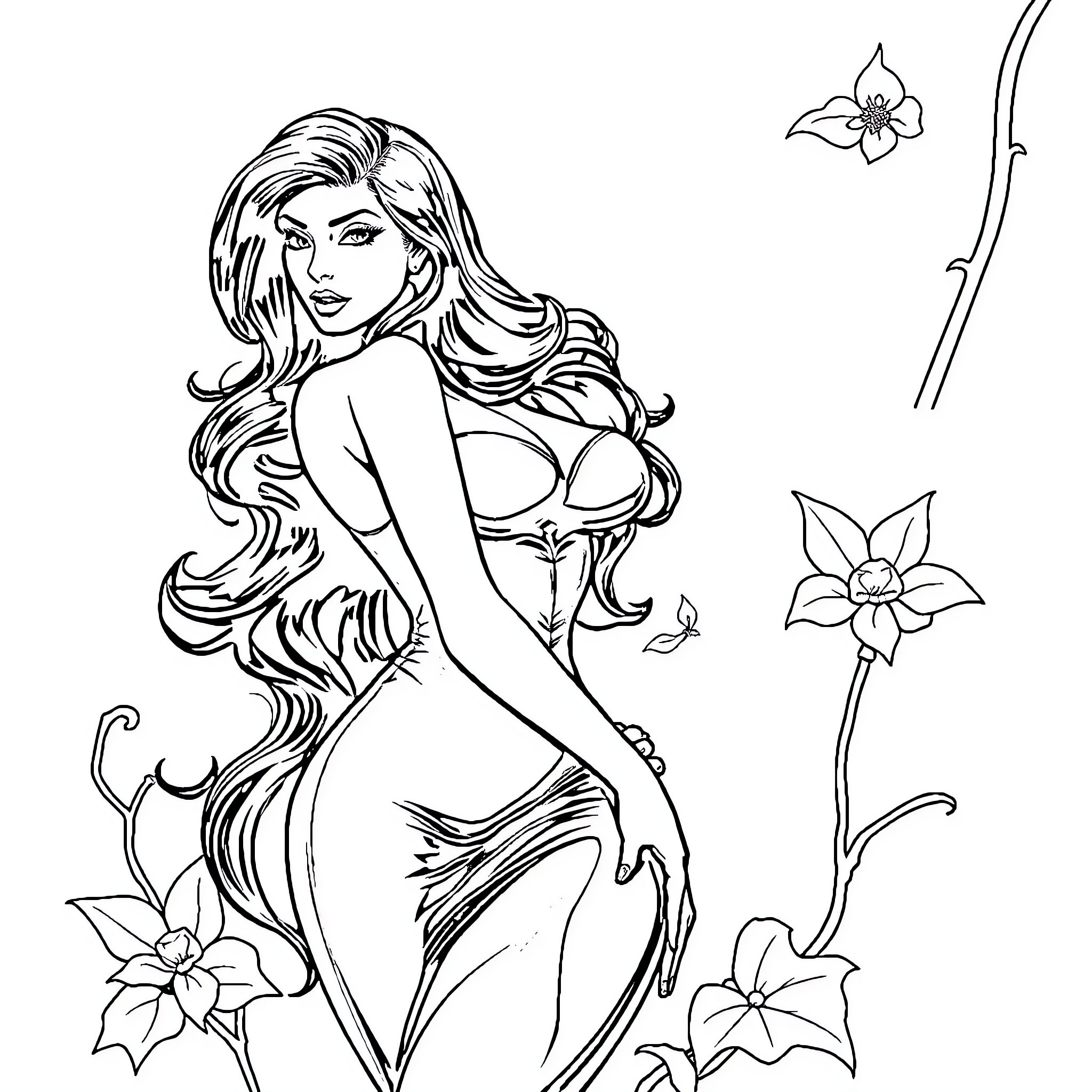 Poison Ivy posing amidst floral surroundings Coloring Page (free black-and-white line drawing printable PDF for all, from beginners to advanced learners, including children, teens, adults, and seniors)