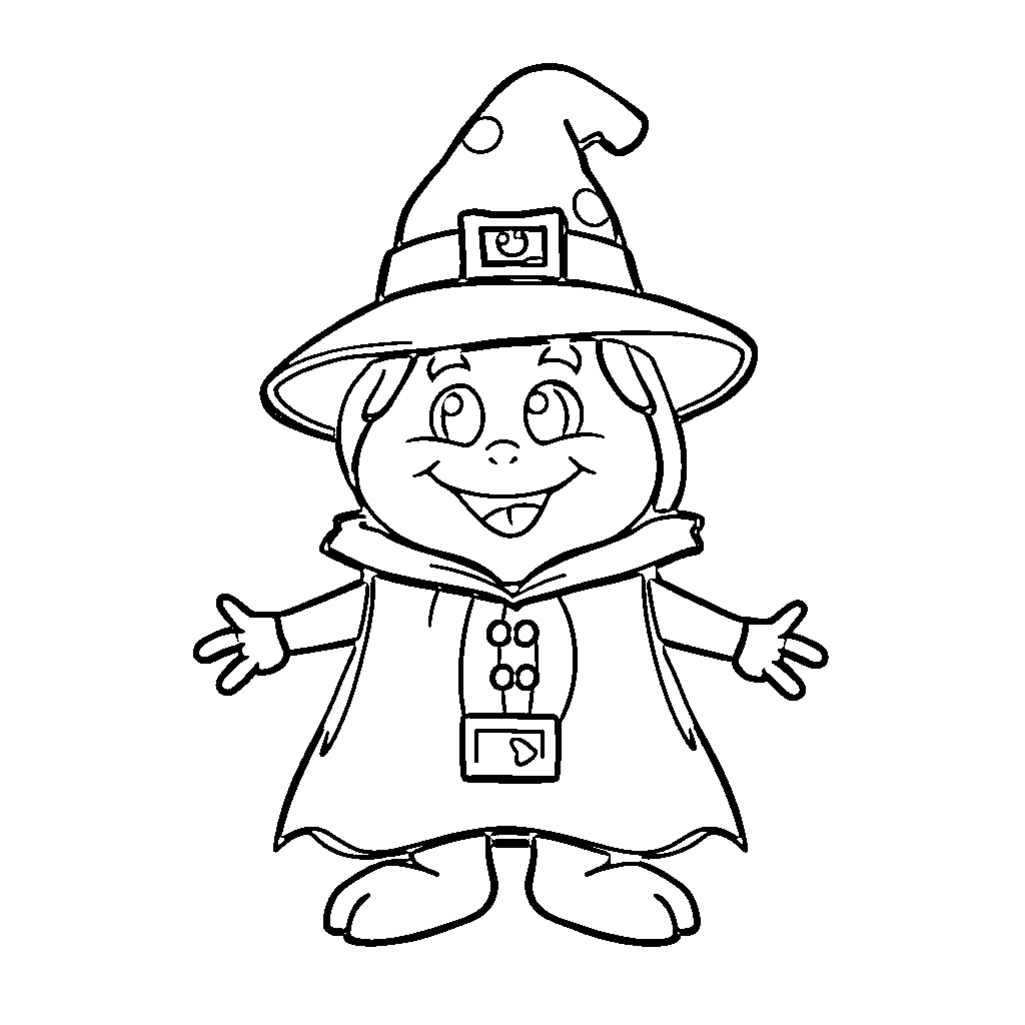 Macaroni witch with happy expression Coloring Page (free black-and-white line drawing printable PDF for all, from beginners to advanced learners, including children, teens, adults, and seniors)