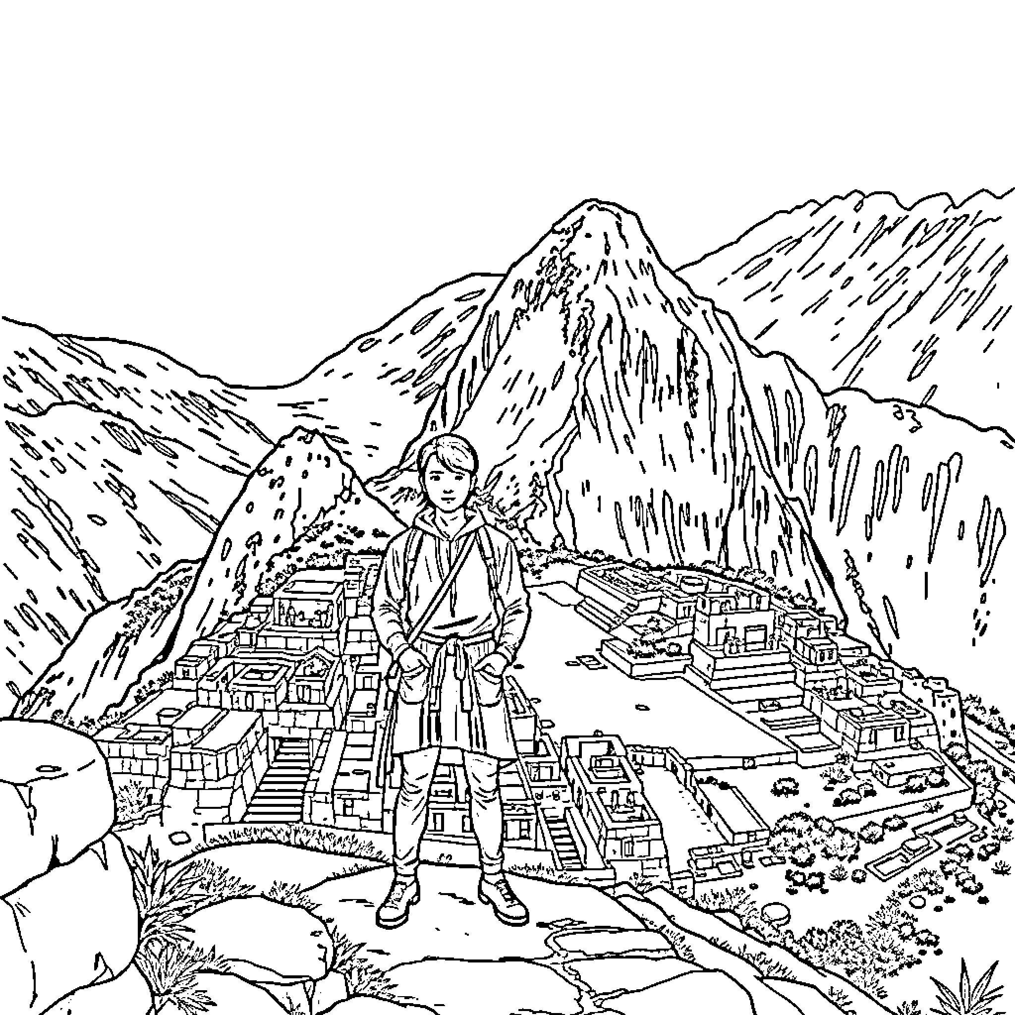 Komi San explores the ancient ruins of Machu Picchu Coloring Page (free black-and-white line drawing printable PDF for all, from beginners to advanced learners, including children, teens, adults, and seniors)