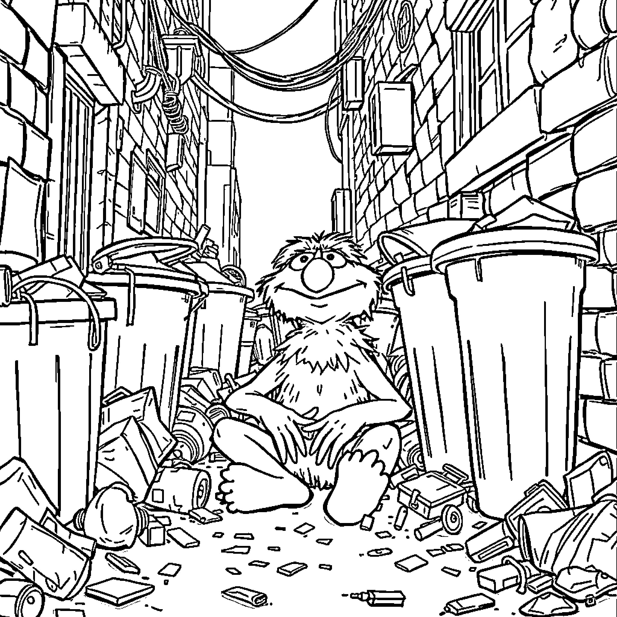 Oscar in the Messy Urban Chaos Coloring Page (free black-and-white line drawing printable PDF for all, from beginners to advanced learners, including children, teens, adults, and seniors)