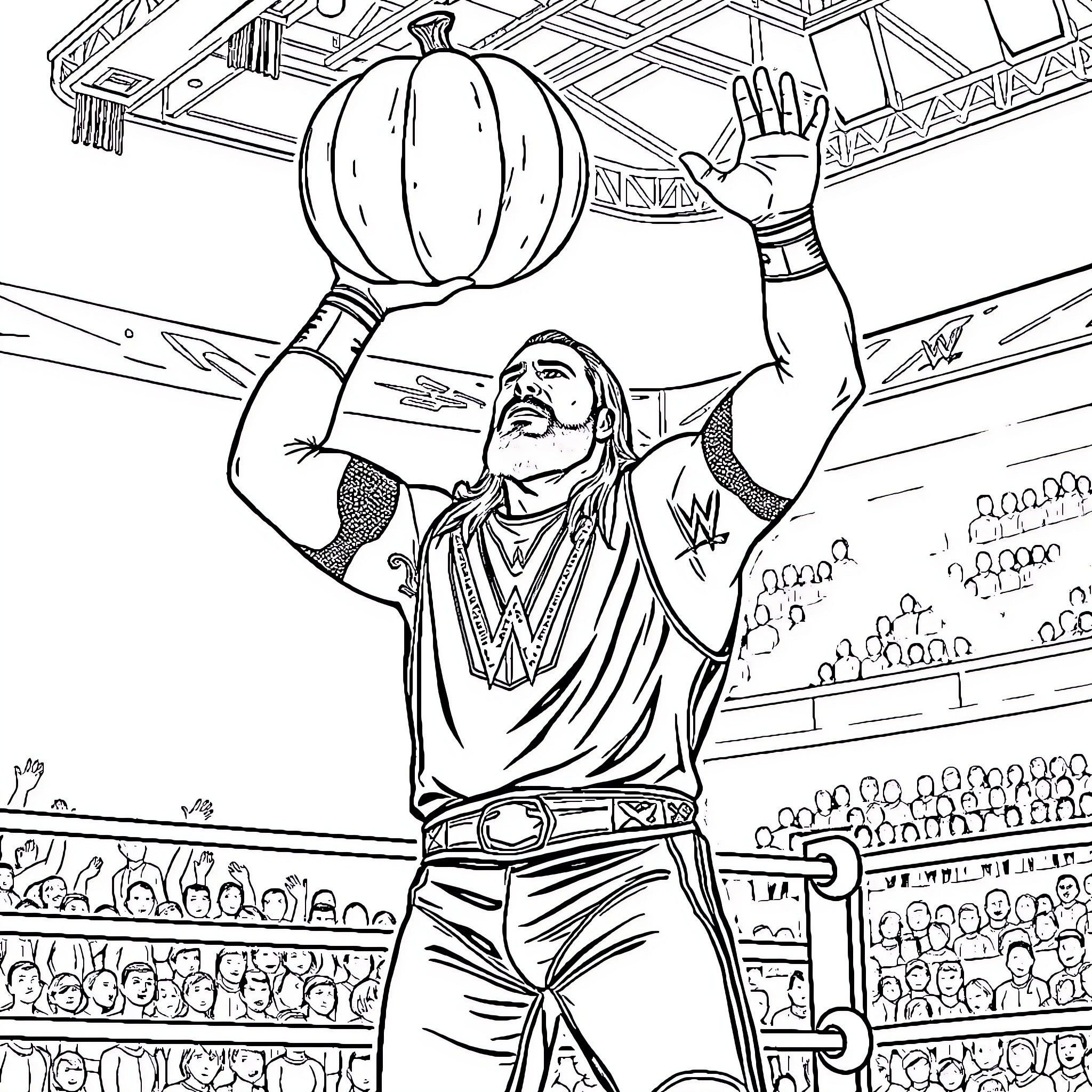 Roman Reigns Showcasing His Powerful Presence in the Ring Coloring Page (free black-and-white line drawing printable PDF for all, from beginners to advanced learners, including children, teens, adults, and seniors)