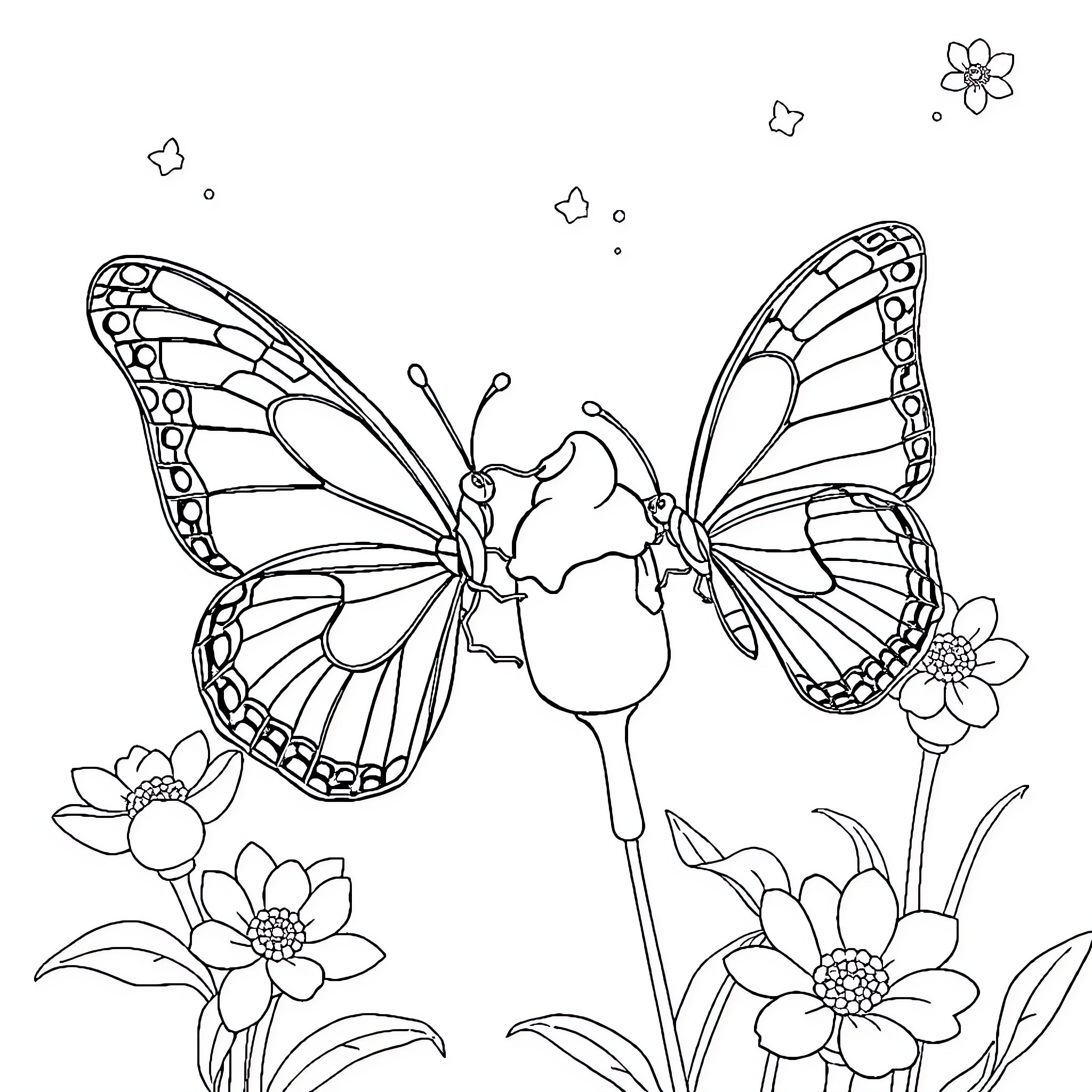 Butterfly fluttering among flowers Coloring Page (free black-and-white line drawing printable PDF for all, from beginners to advanced learners, including children, teens, adults, and seniors)