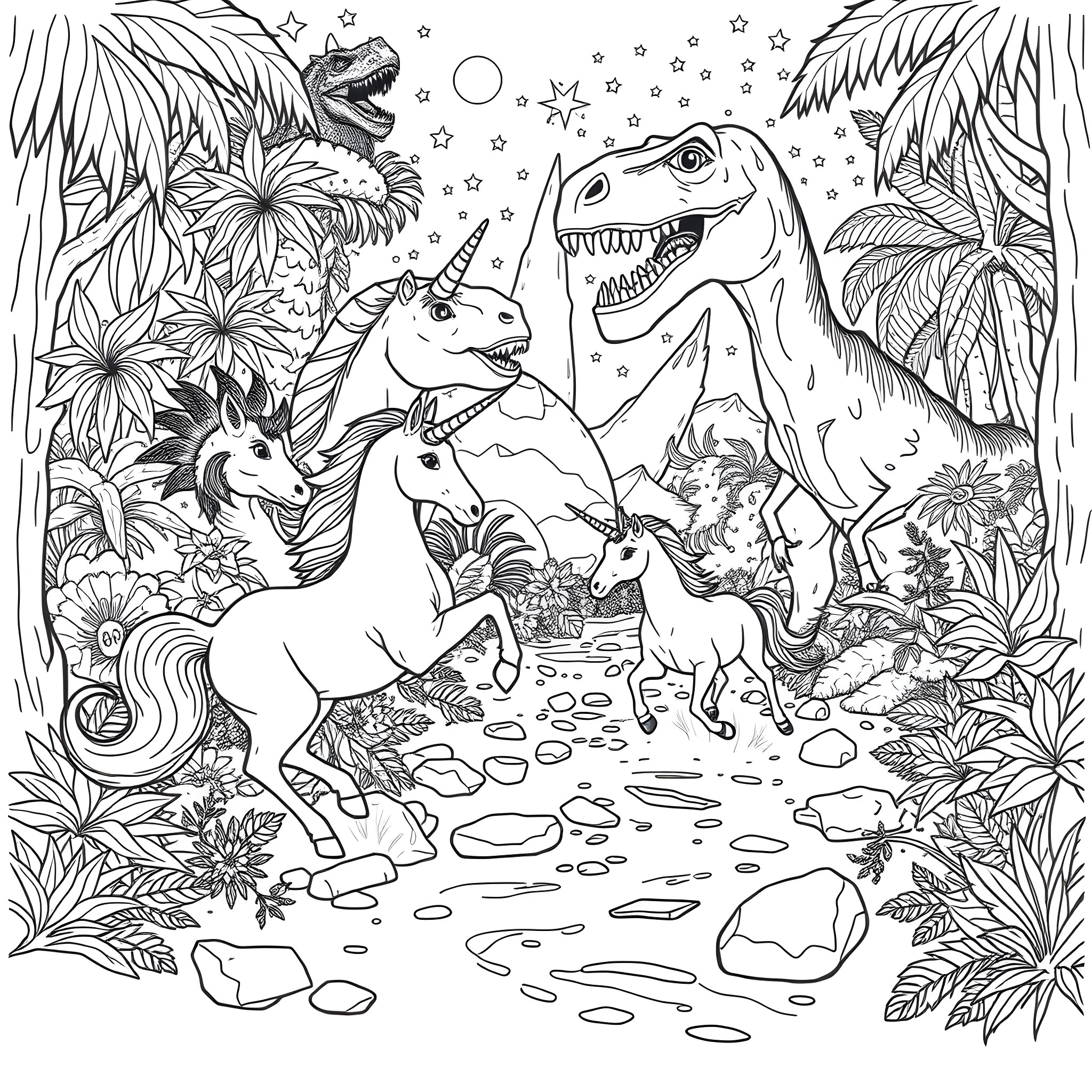 Unicorn and Dinosaurs in the Enchanted Forest Coloring Page (free black-and-white line drawing printable PDF for all, from beginners to advanced learners, including children, teens, adults, and seniors)