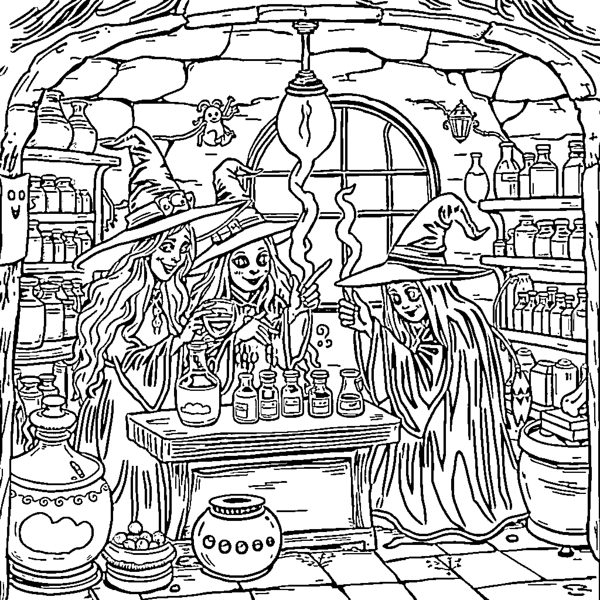 Witches Brewing Potions in a Mystical Workshop Coloring Page (free black-and-white line drawing printable PDF for all, from beginners to advanced learners, including children, teens, adults, and seniors)