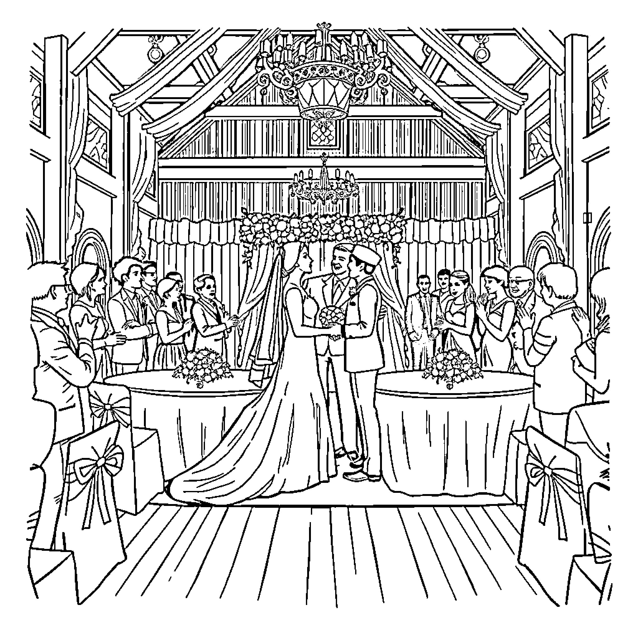 Wedding ceremony in a decorated venue Coloring Page (free black-and-white line drawing printable PDF for all, from beginners to advanced learners, including children, teens, adults, and seniors)
