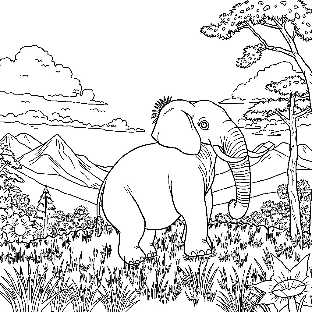 Girl exploring the enchanting jungle landscape Coloring Page (free black-and-white line drawing printable PDF for all, from beginners to advanced learners, including children, teens, adults, and seniors)