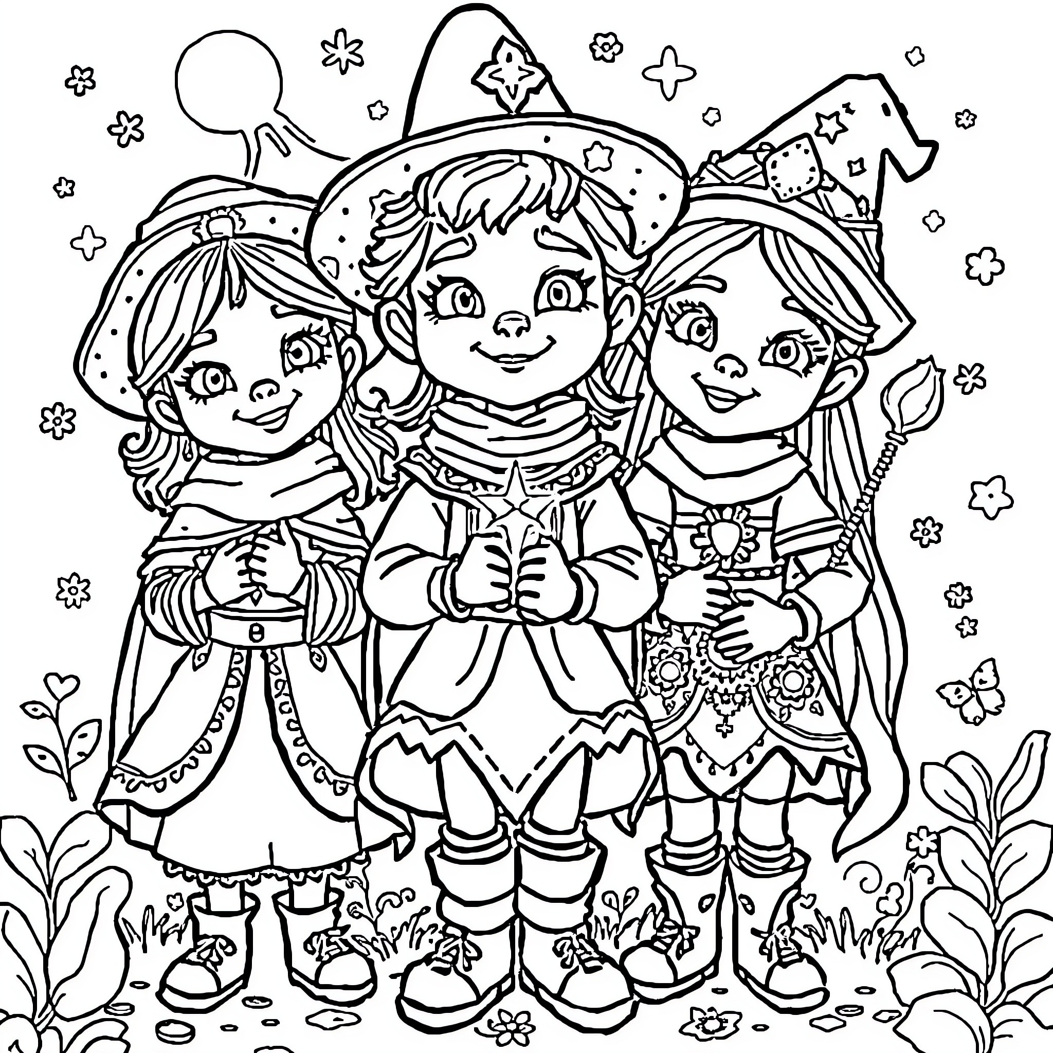 Encanto - Magical characters in whimsical outfits Coloring Page (free black-and-white line drawing printable PDF for all, from beginners to advanced learners, including children, teens, adults, and seniors)