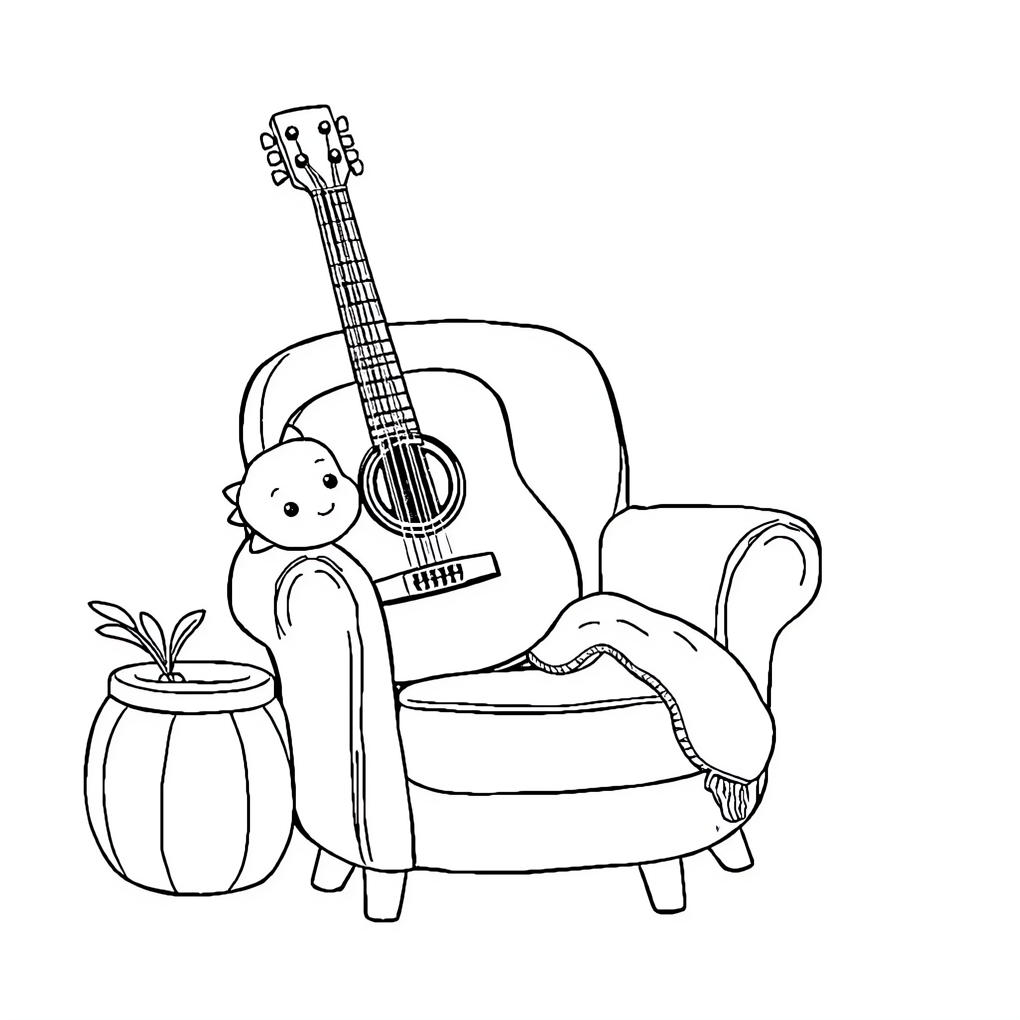 Sillón con guitarra y maceta Coloring Page (free black-and-white line drawing printable PDF for all, from beginners to advanced learners, including children, teens, adults, and seniors)