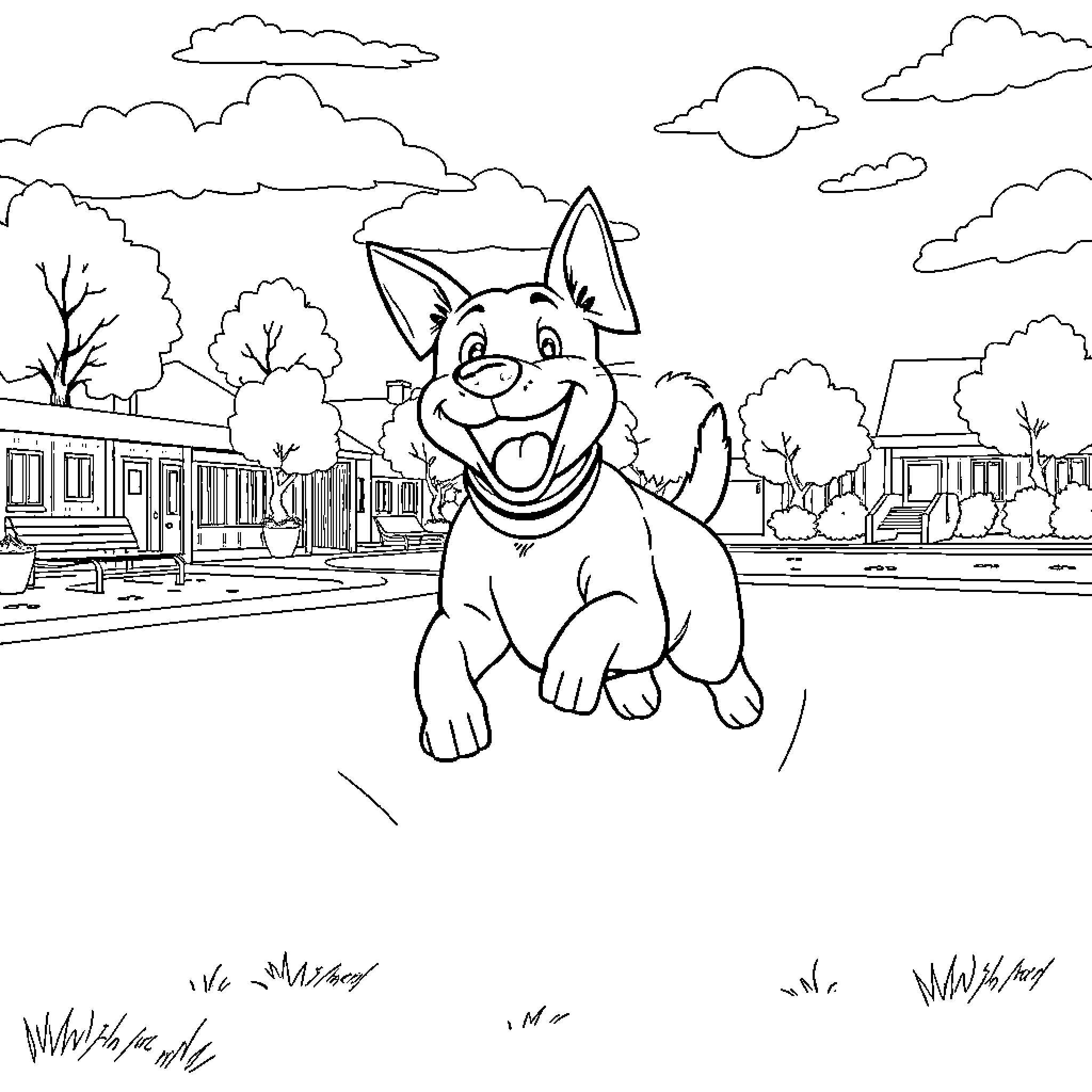 Dog enjoying an outdoor scene in the neighborhood Coloring Page (free black-and-white line drawing printable PDF for all, from beginners to advanced learners, including children, teens, adults, and seniors)
