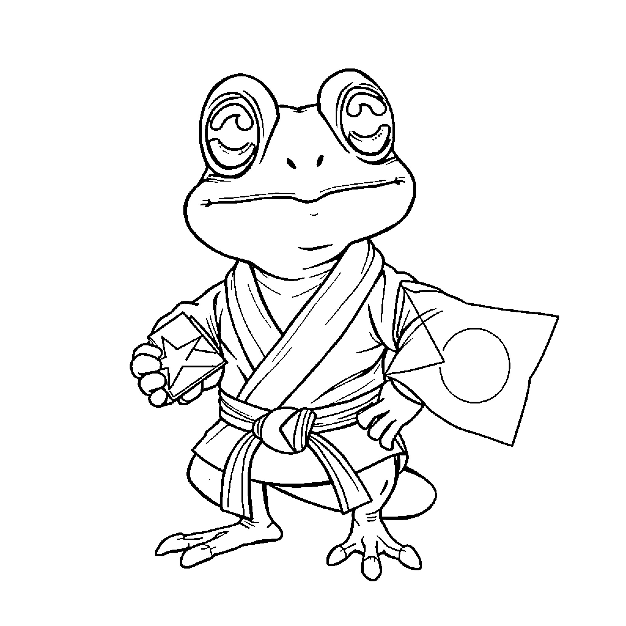 Coqui Frog Practicing Martial Arts with Japanese Flag Coloring Page (free black-and-white line drawing printable PDF for all, from beginners to advanced learners, including children, teens, adults, and seniors)