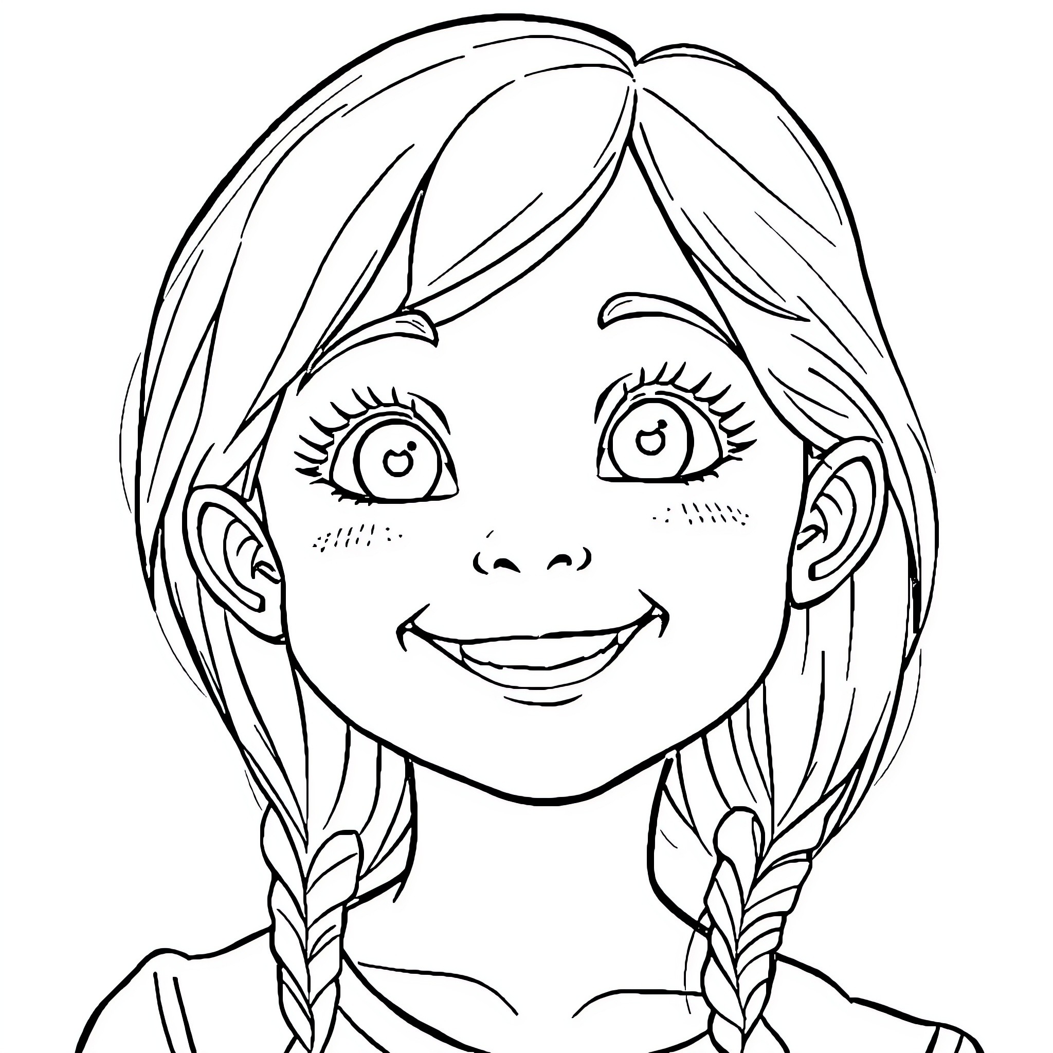 Girl with braided hair smiling happily Coloring Page (free black-and-white line drawing printable PDF for all, from beginners to advanced learners, including children, teens, adults, and seniors)