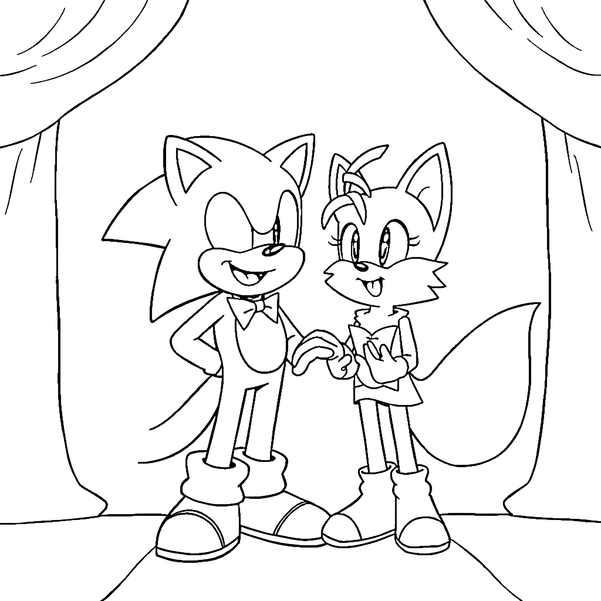 Sonic and Friends Performing Together Coloring Page (free black-and-white line drawing printable PDF for all, from beginners to advanced learners, including children, teens, adults, and seniors)