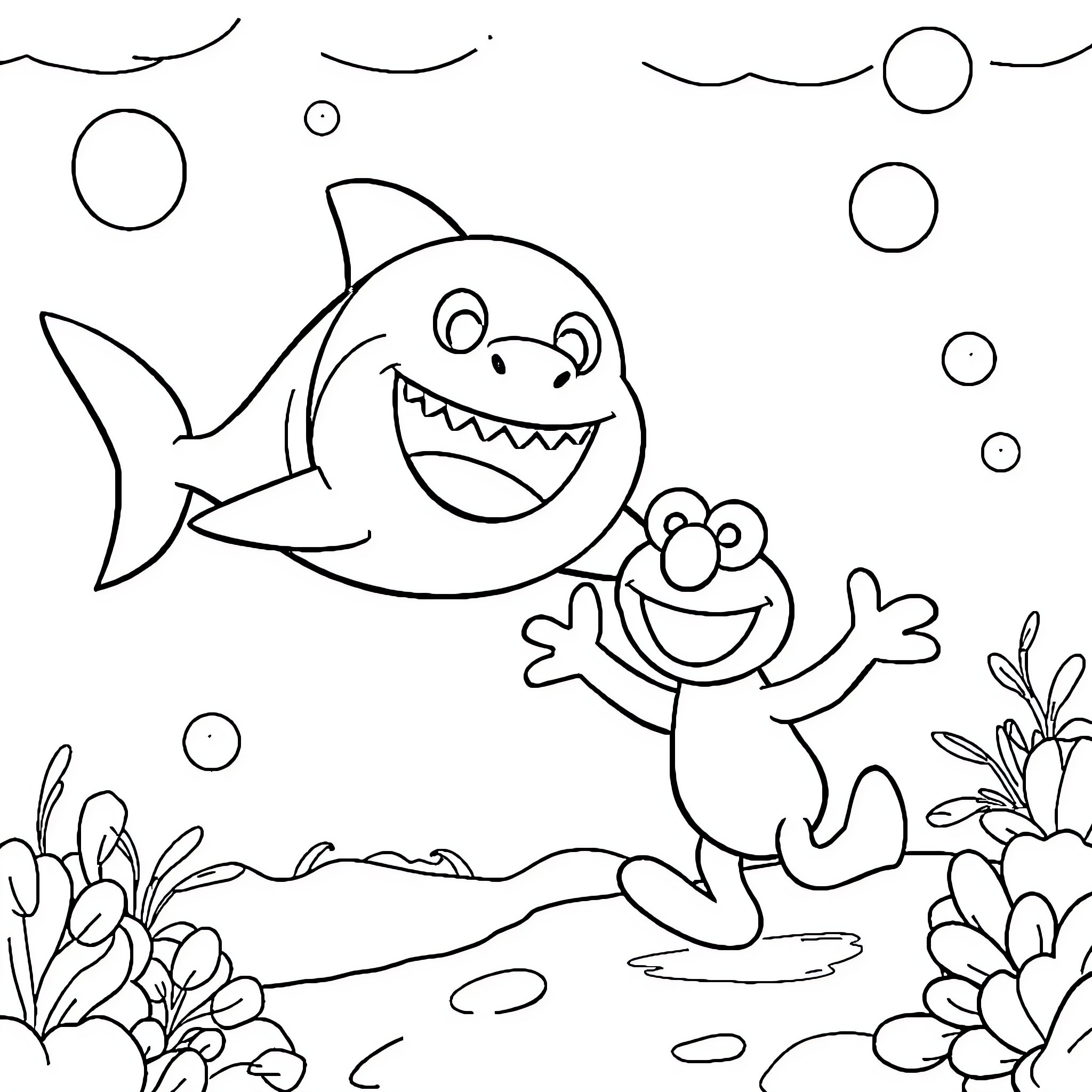 Shark happily playing with frog underwater Coloring Page (free black-and-white line drawing printable PDF for all, from beginners to advanced learners, including children, teens, adults, and seniors)