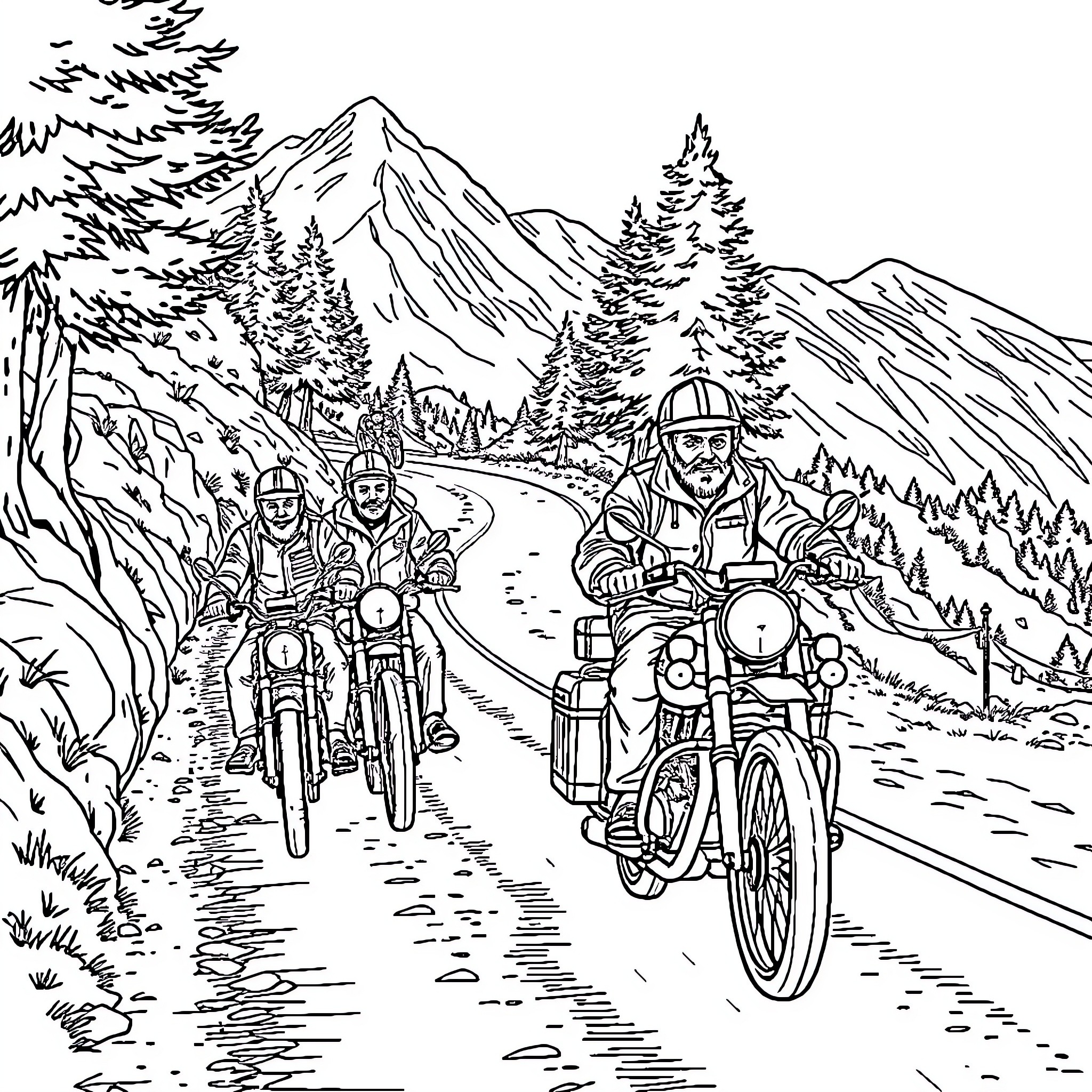 Motard riders journey through scenic mountain landscape Coloring Page (free black-and-white line drawing printable PDF for all, from beginners to advanced learners, including children, teens, adults, and seniors)