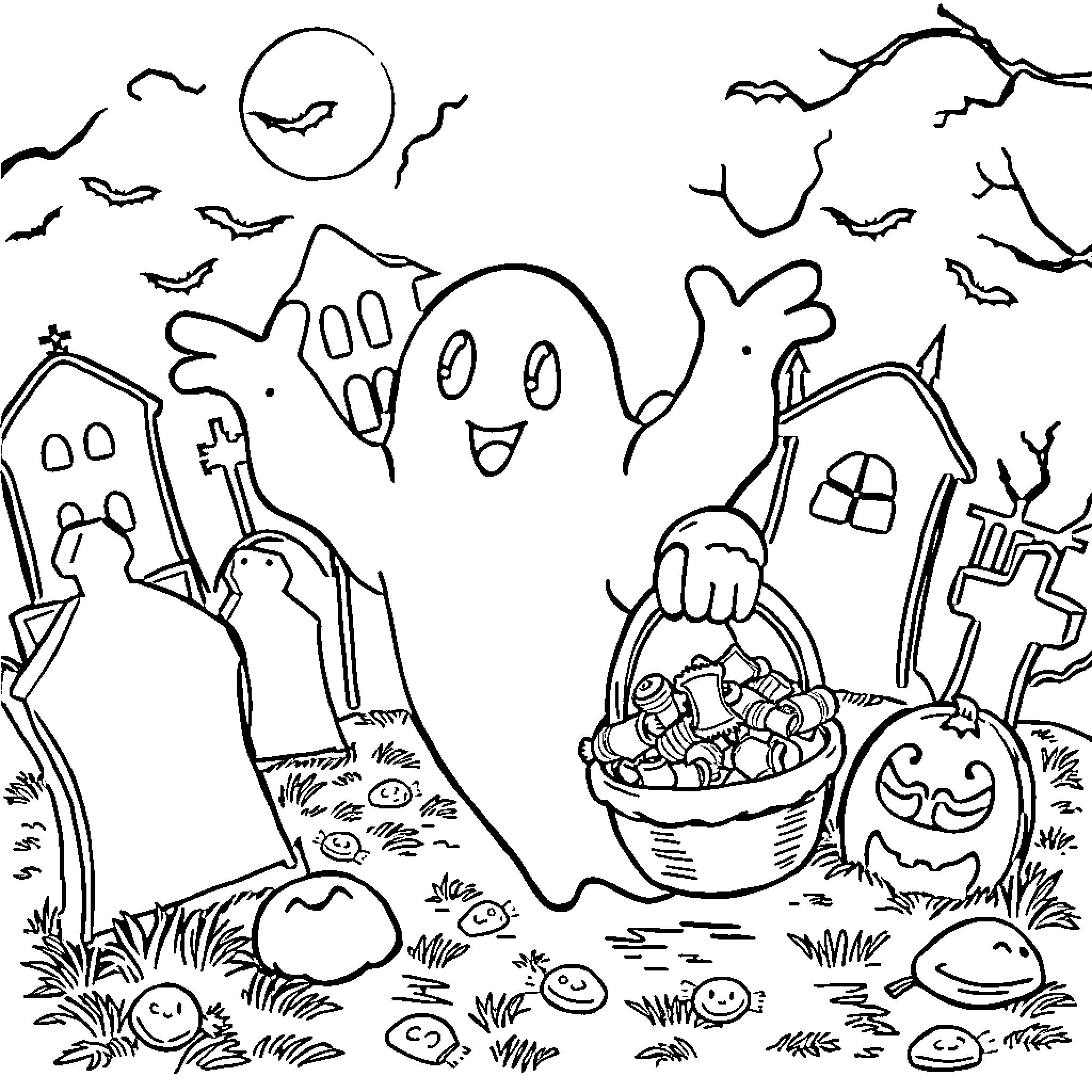 Ghost enjoying Halloween festivities in the graveyard Coloring Page (free black-and-white line drawing printable PDF for all, from beginners to advanced learners, including children, teens, adults, and seniors)