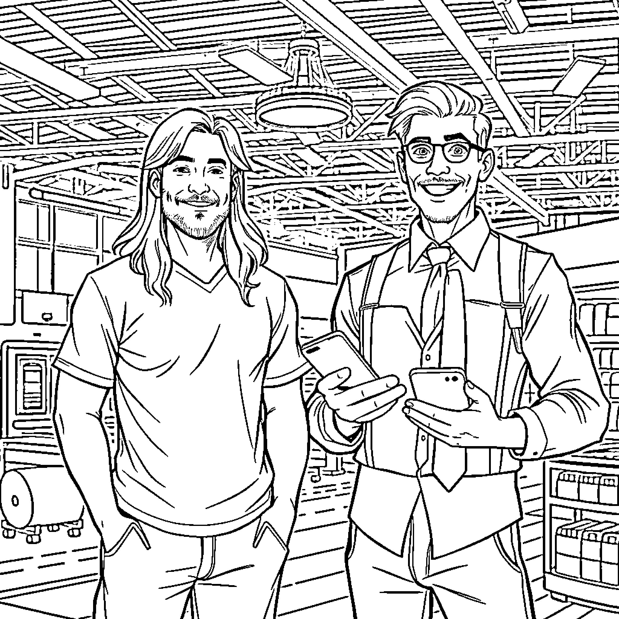 Teacher Assisting Student in Classroom Coloring Page (free black-and-white line drawing printable PDF for all, from beginners to advanced learners, including children, teens, adults, and seniors)