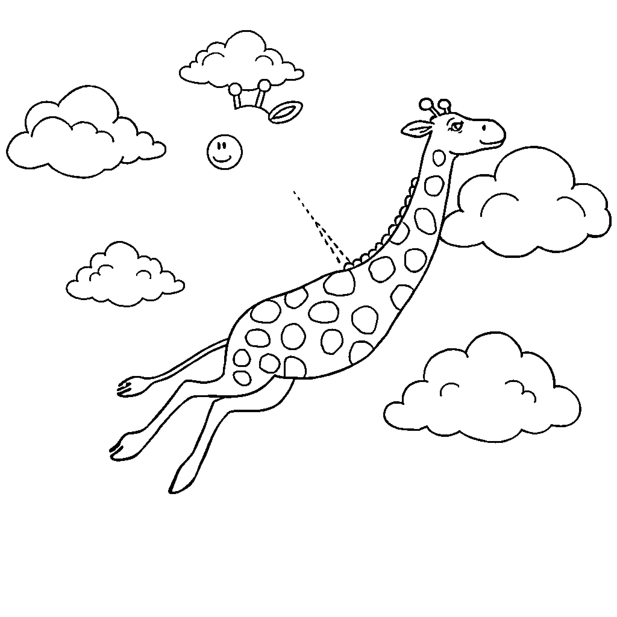 Flying Giraffe soaring through the clouds Coloring Page (free black-and-white line drawing printable PDF for all, from beginners to advanced learners, including children, teens, adults, and seniors)