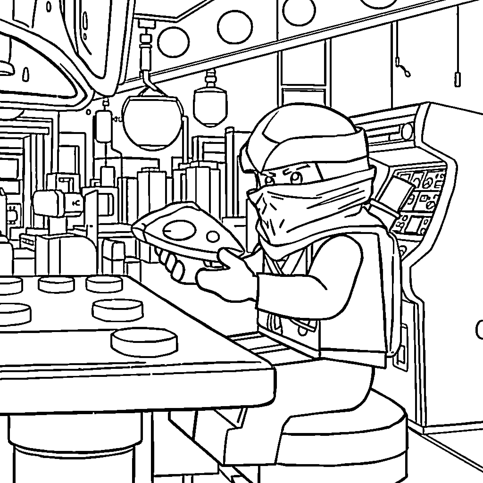 Lego Ninja in a Futuristic Lab Setting Coloring Page (free black-and-white line drawing printable PDF for all, from beginners to advanced learners, including children, teens, adults, and seniors)