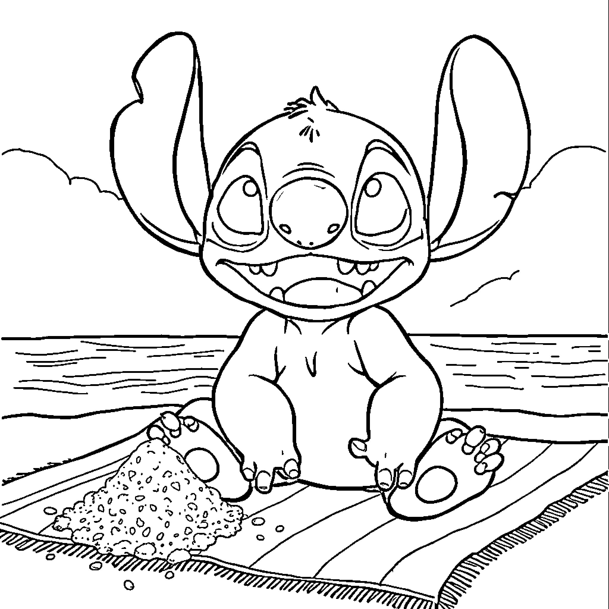 Stitch playing joyfully on the beach Coloring Page (free black-and-white line drawing printable PDF for all, from beginners to advanced learners, including children, teens, adults, and seniors)
