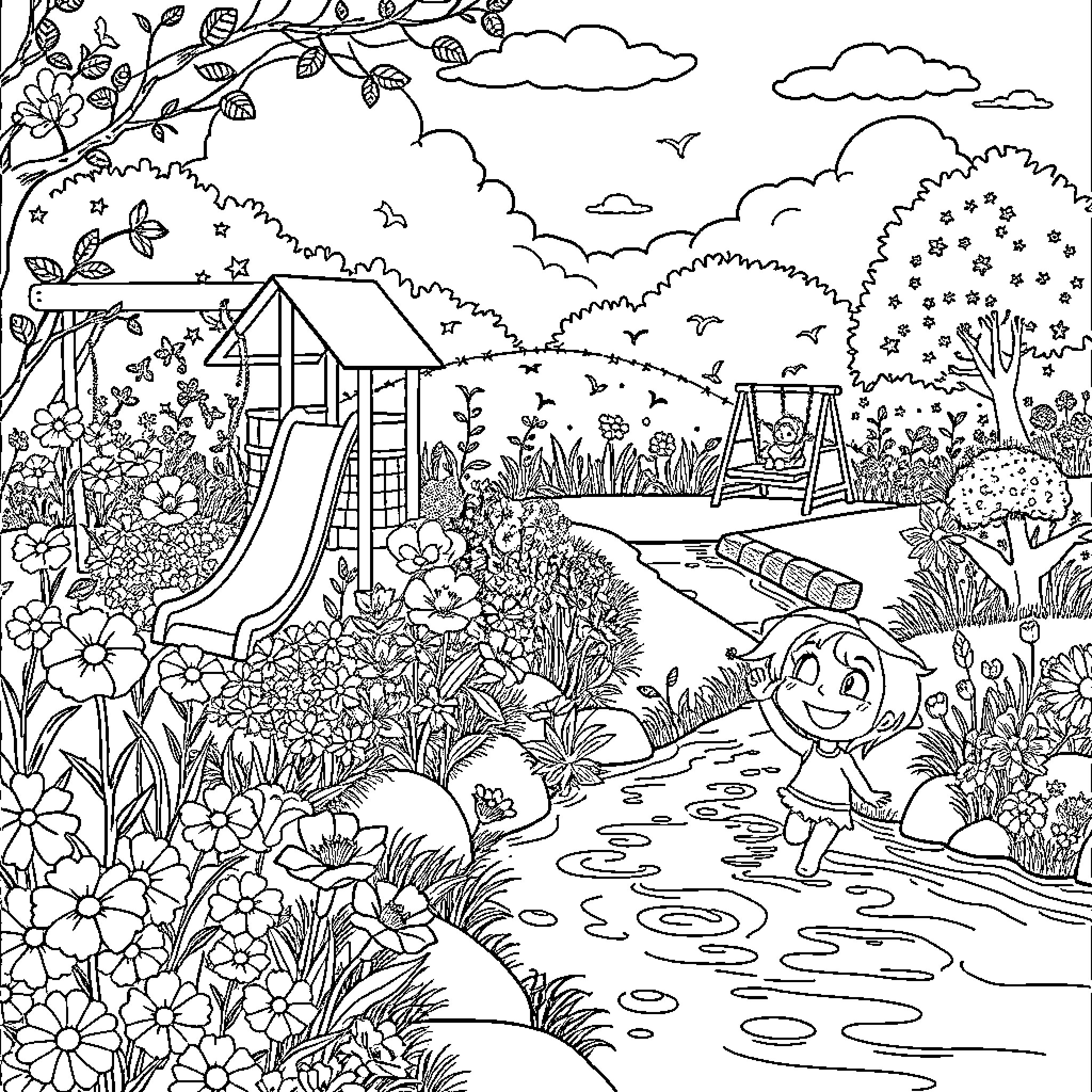 Garden with Playful Child and Outdoor Equipment Coloring Page (free black-and-white line drawing printable PDF for all, from beginners to advanced learners, including children, teens, adults, and seniors)