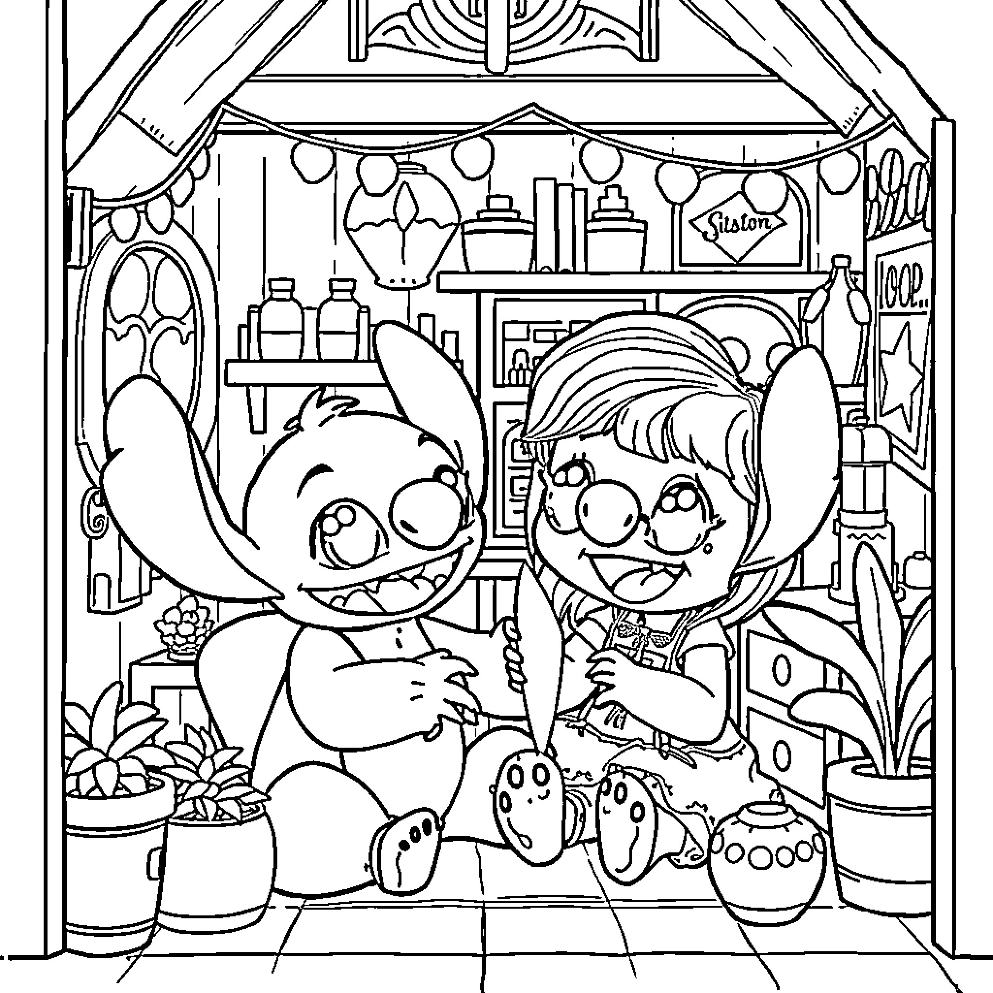 Dollhouse with Playful Characters Coloring Page (free black-and-white line drawing printable PDF for all, from beginners to advanced learners, including children, teens, adults, and seniors)