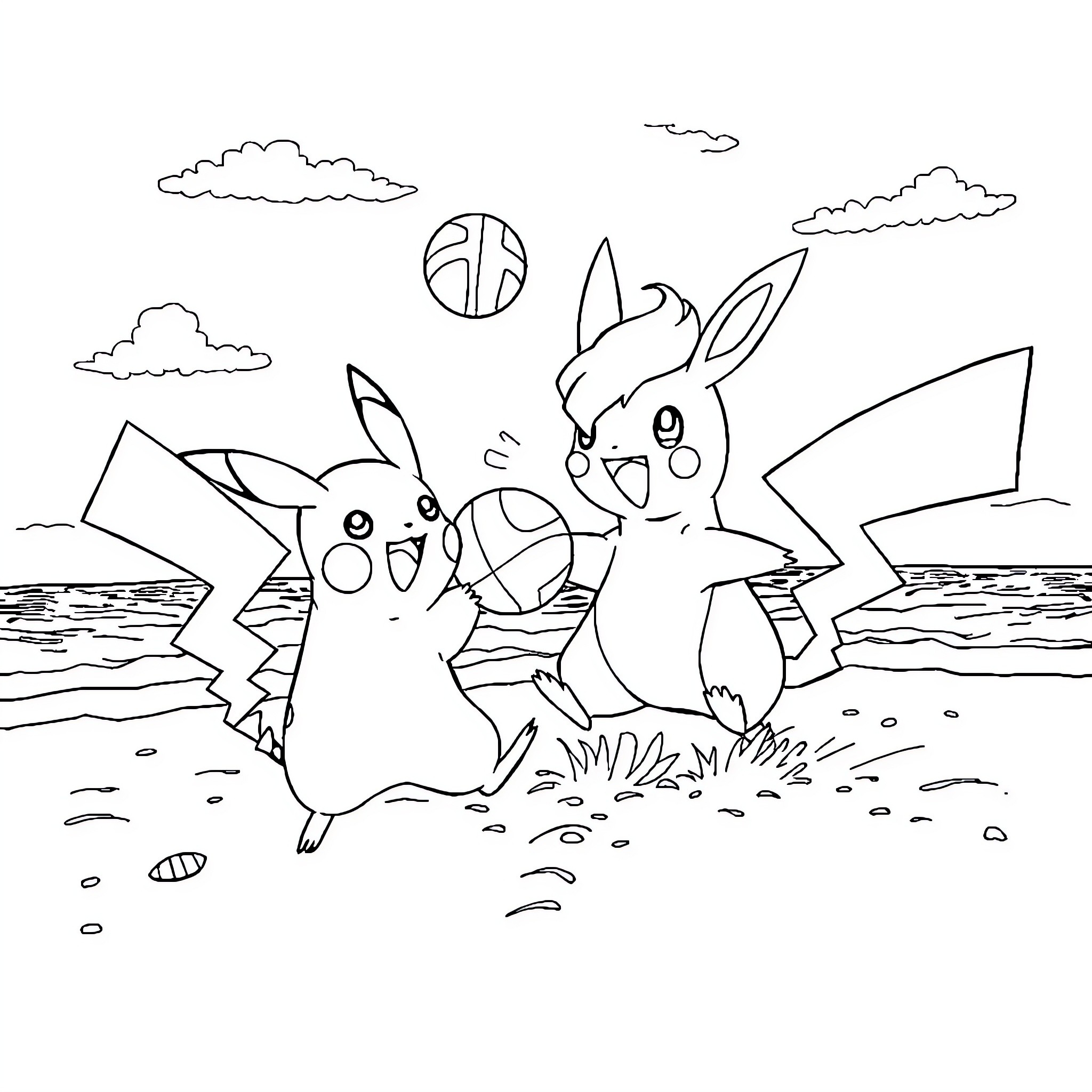 Pikachu playing joyfully on the beach Coloring Page (free black-and-white line drawing printable PDF for all, from beginners to advanced learners, including children, teens, adults, and seniors)