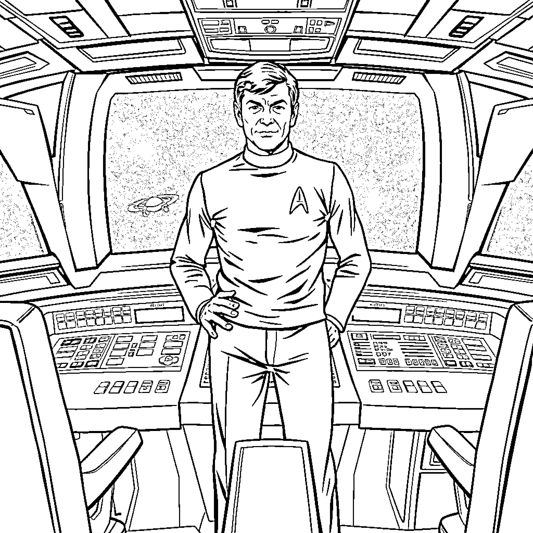 Captain Kirk commanding the Enterprise in sci-fi setting Coloring Page (free black-and-white line drawing printable PDF for all, from beginners to advanced learners, including children, teens, adults, and seniors)