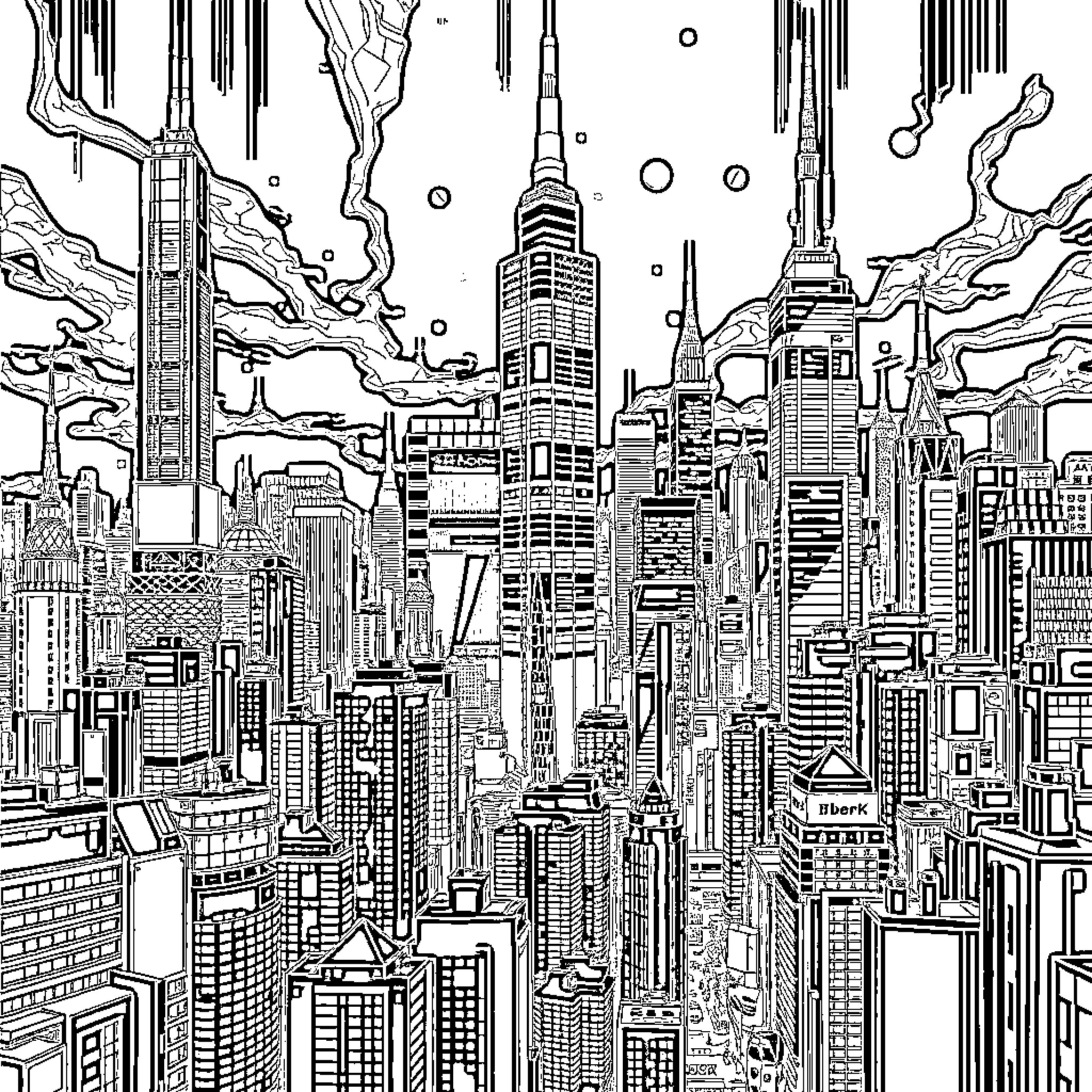 Cyberpunk Cityscape with Futuristic Architecture Coloring Page (free black-and-white line drawing printable PDF for all, from beginners to advanced learners, including children, teens, adults, and seniors)