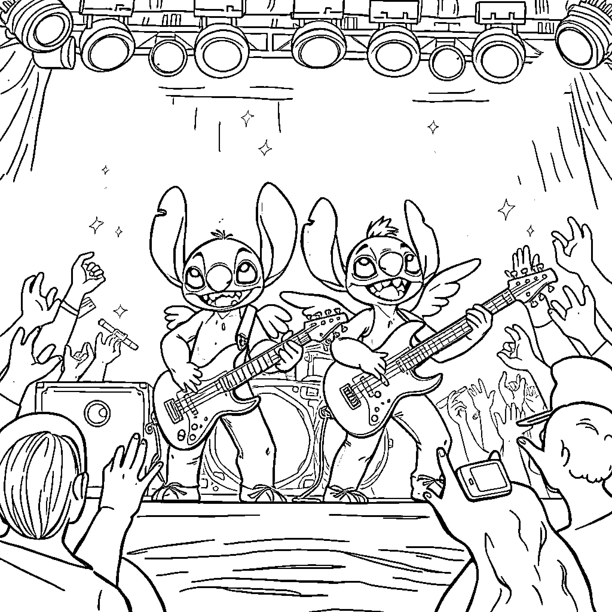Stitch and Pleakley's Intergalactic Rock Band Coloring Page (free black-and-white line drawing printable PDF for all, from beginners to advanced learners, including children, teens, adults, and seniors)