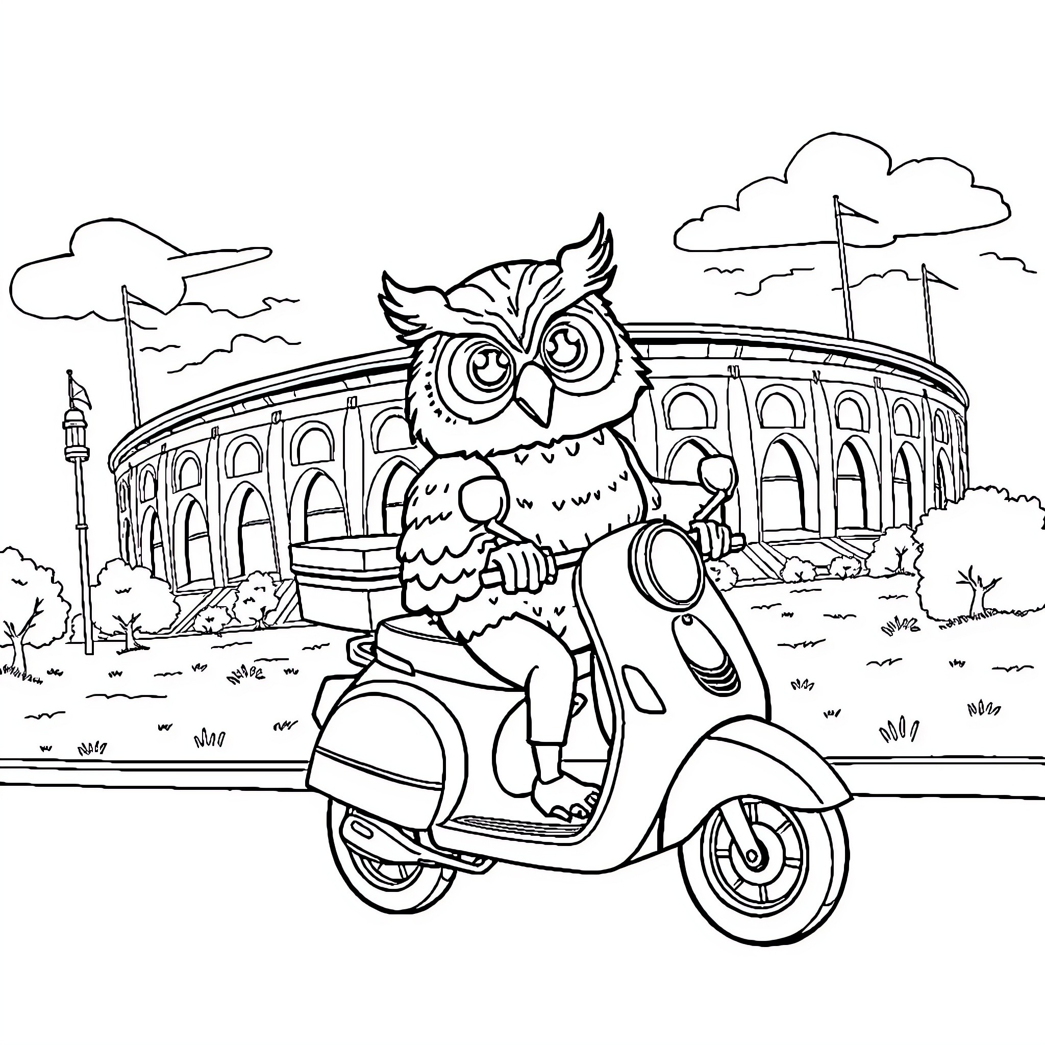Owl riding scooter near historic building Coloring Page (free black-and-white line drawing printable PDF for all, from beginners to advanced learners, including children, teens, adults, and seniors)
