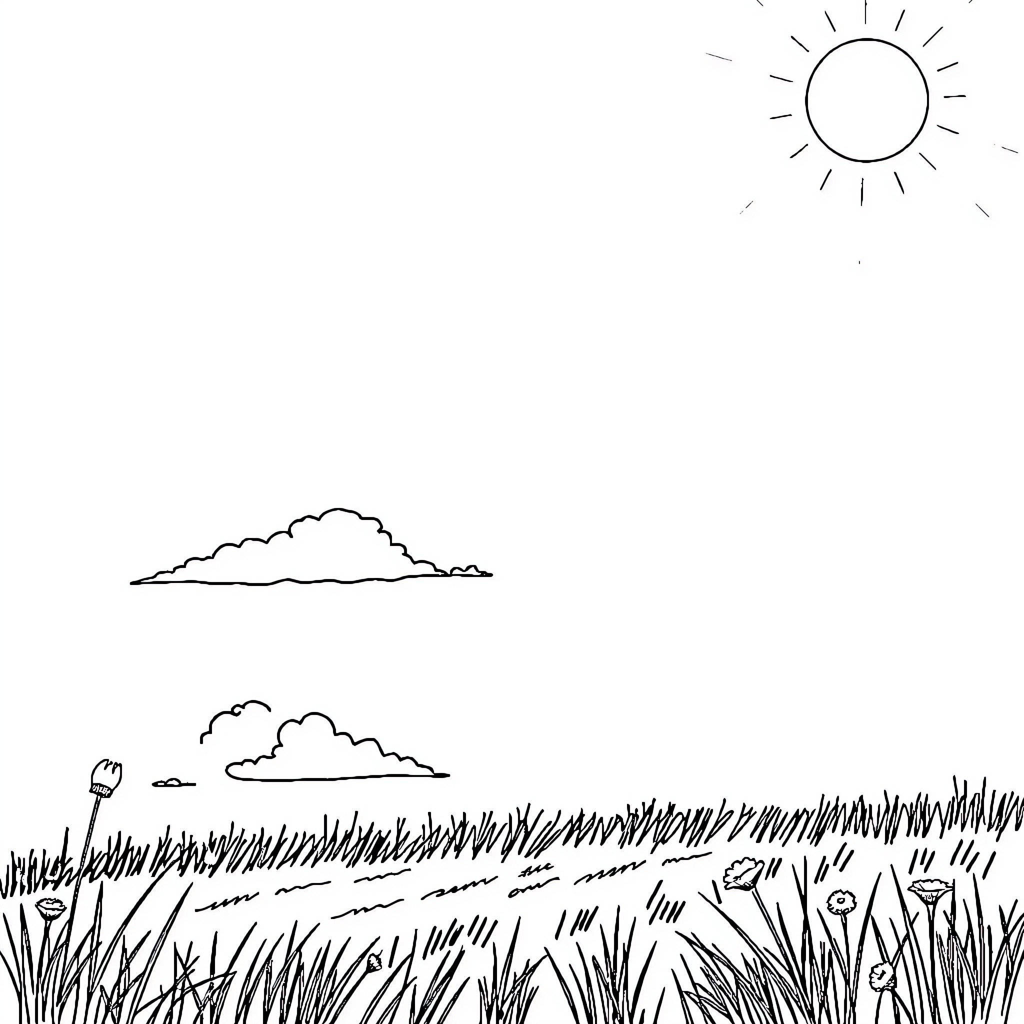 Summer meadow under sunny skies Coloring Page (free black-and-white line drawing printable PDF for all, from beginners to advanced learners, including children, teens, adults, and seniors)