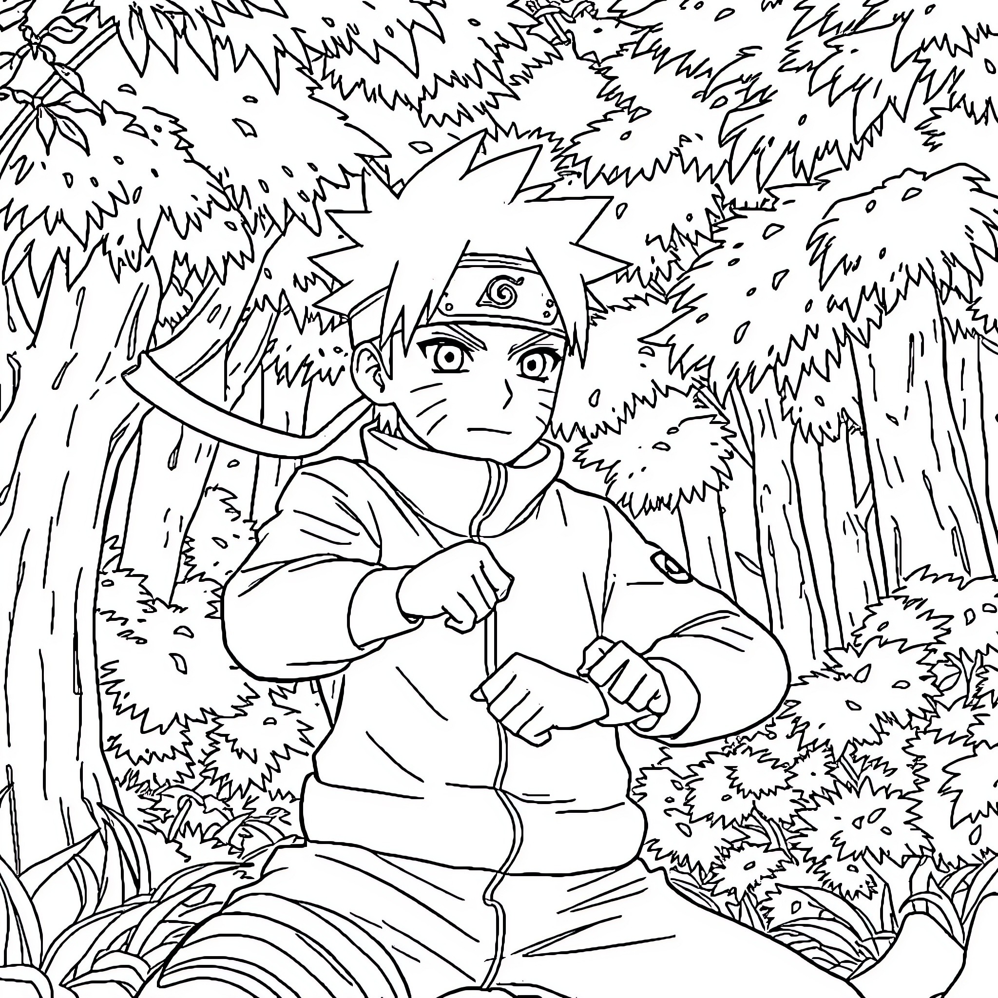 Naruto Exploring the Mysterious Forest Coloring Page (free black-and-white line drawing printable PDF for all, from beginners to advanced learners, including children, teens, adults, and seniors)