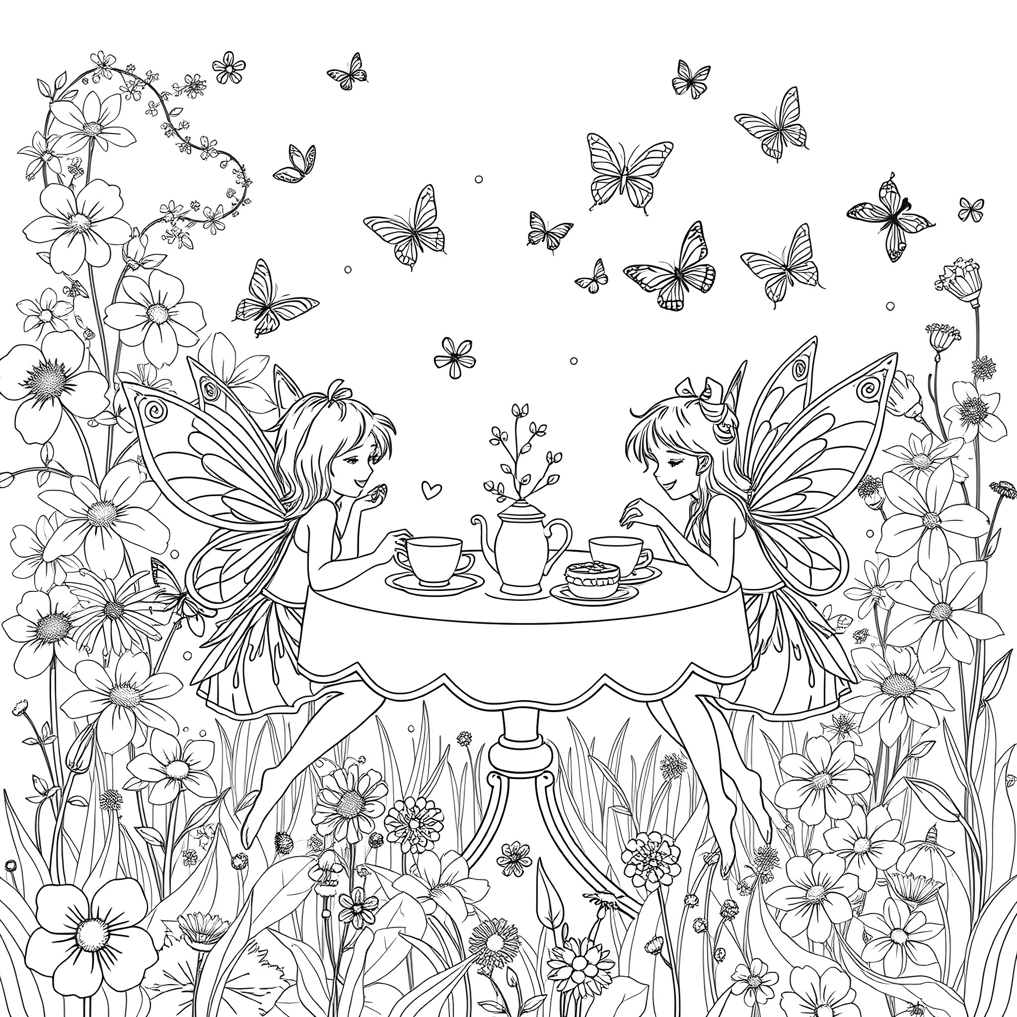 Fairy tea party with butterflies in a floral garden Coloring Page (free black-and-white line drawing printable PDF for all, from beginners to advanced learners, including children, teens, adults, and seniors)