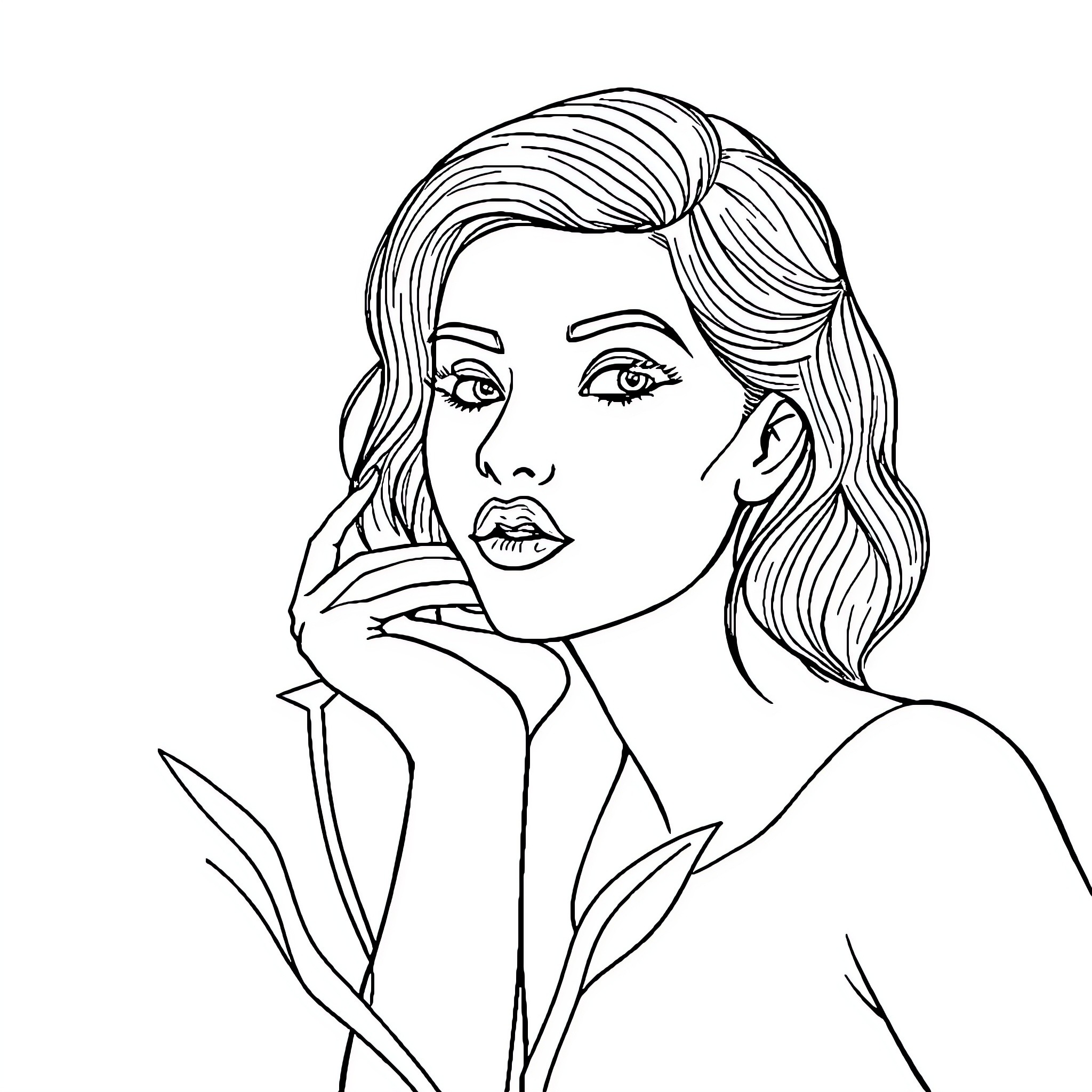 Black Pink Portrait of Thoughtful Woman Coloring Page (free black-and-white line drawing printable PDF for all, from beginners to advanced learners, including children, teens, adults, and seniors)