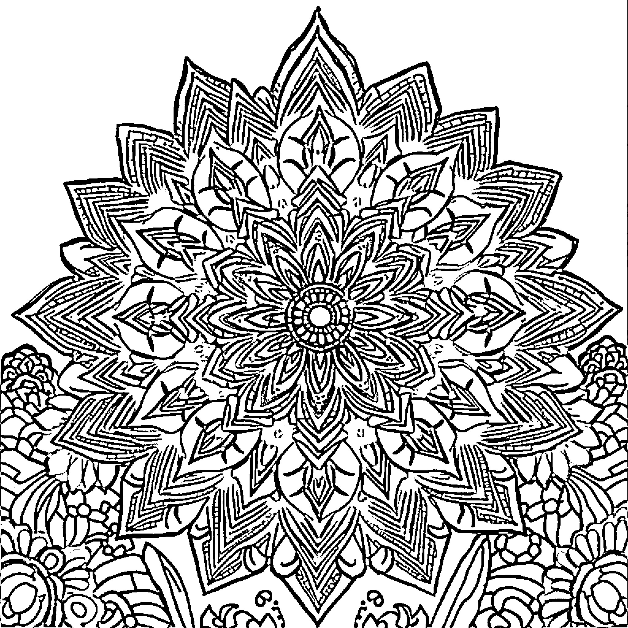 Mandala of intricate floral patterns and shapes Coloring Page (free black-and-white line drawing printable PDF for all, from beginners to advanced learners, including children, teens, adults, and seniors)