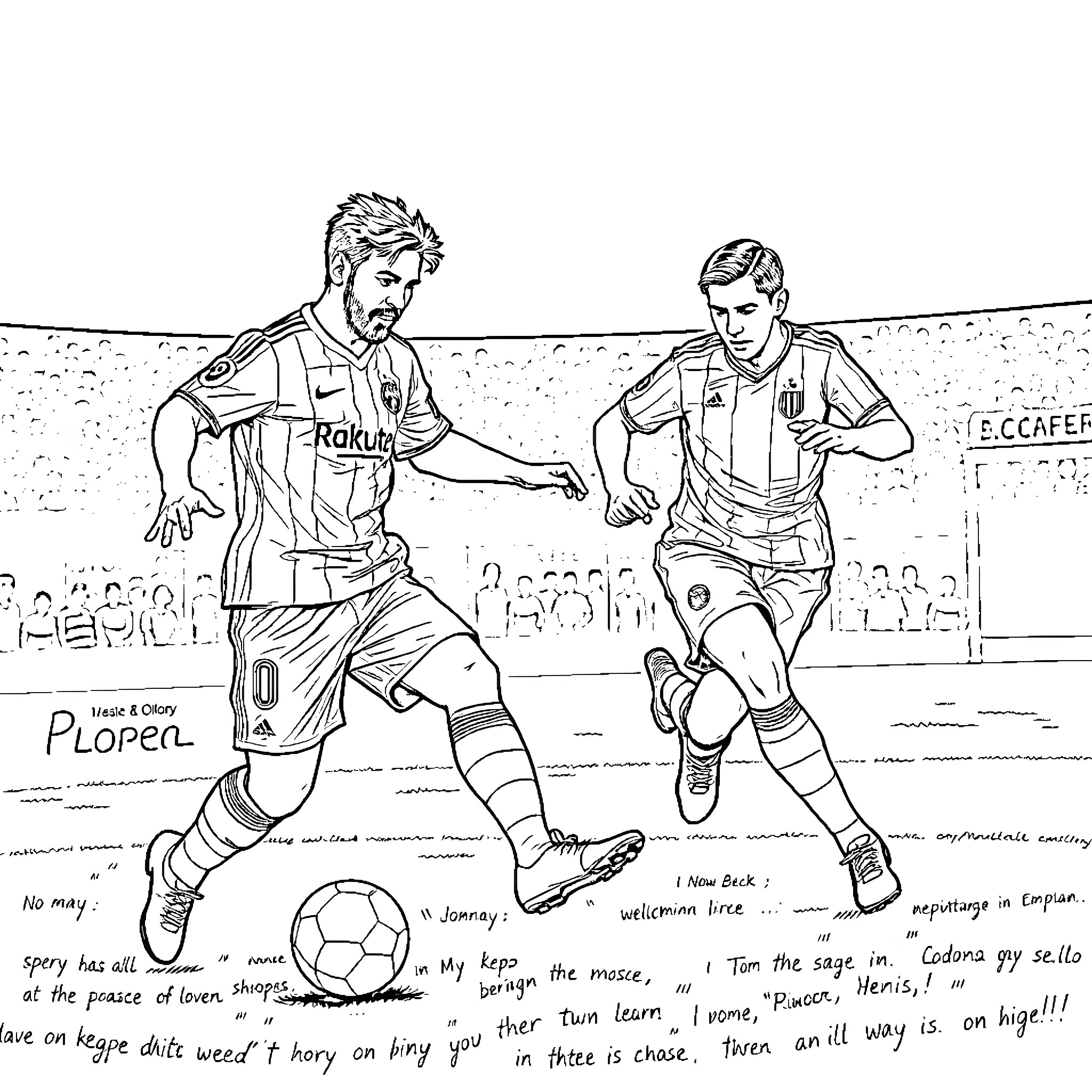 Messi and players in an intense soccer match Coloring Page (free black-and-white line drawing printable PDF for all, from beginners to advanced learners, including children, teens, adults, and seniors)